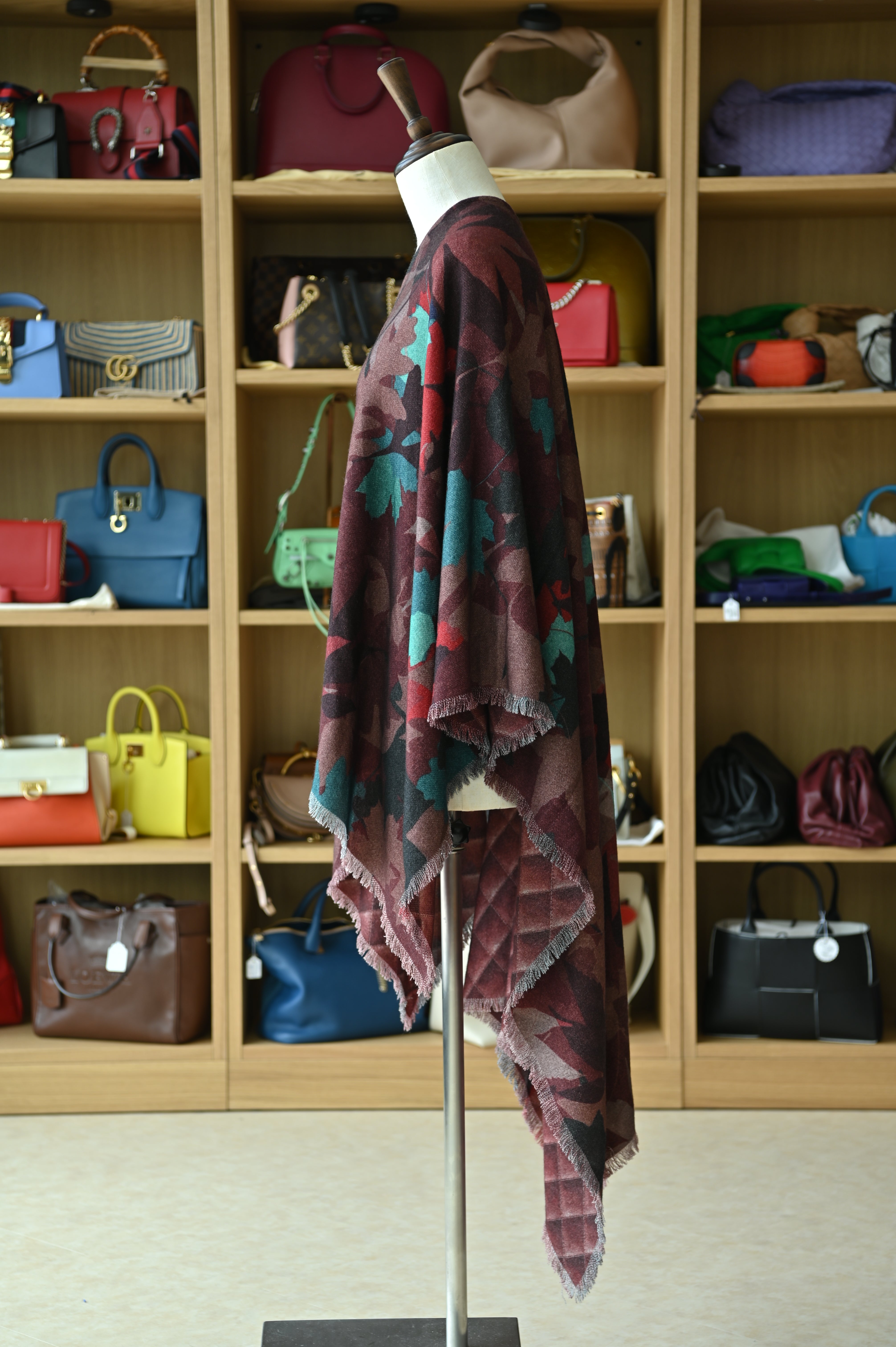  Chanel Burgundy Floral Leaf Cashmere Poncho side two