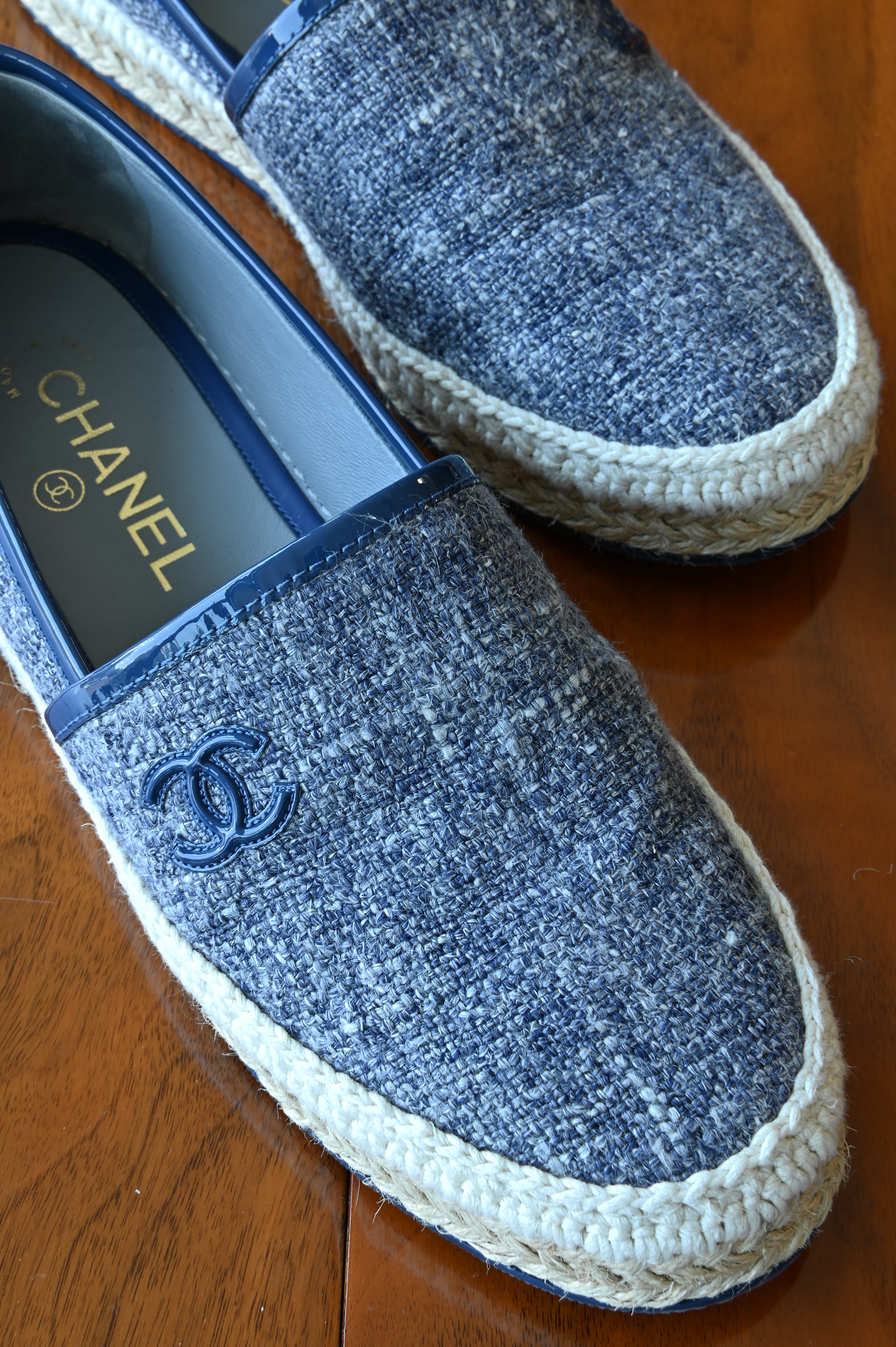  Chanel CC Denim Logo Tweed Espadrilles Loafers front
