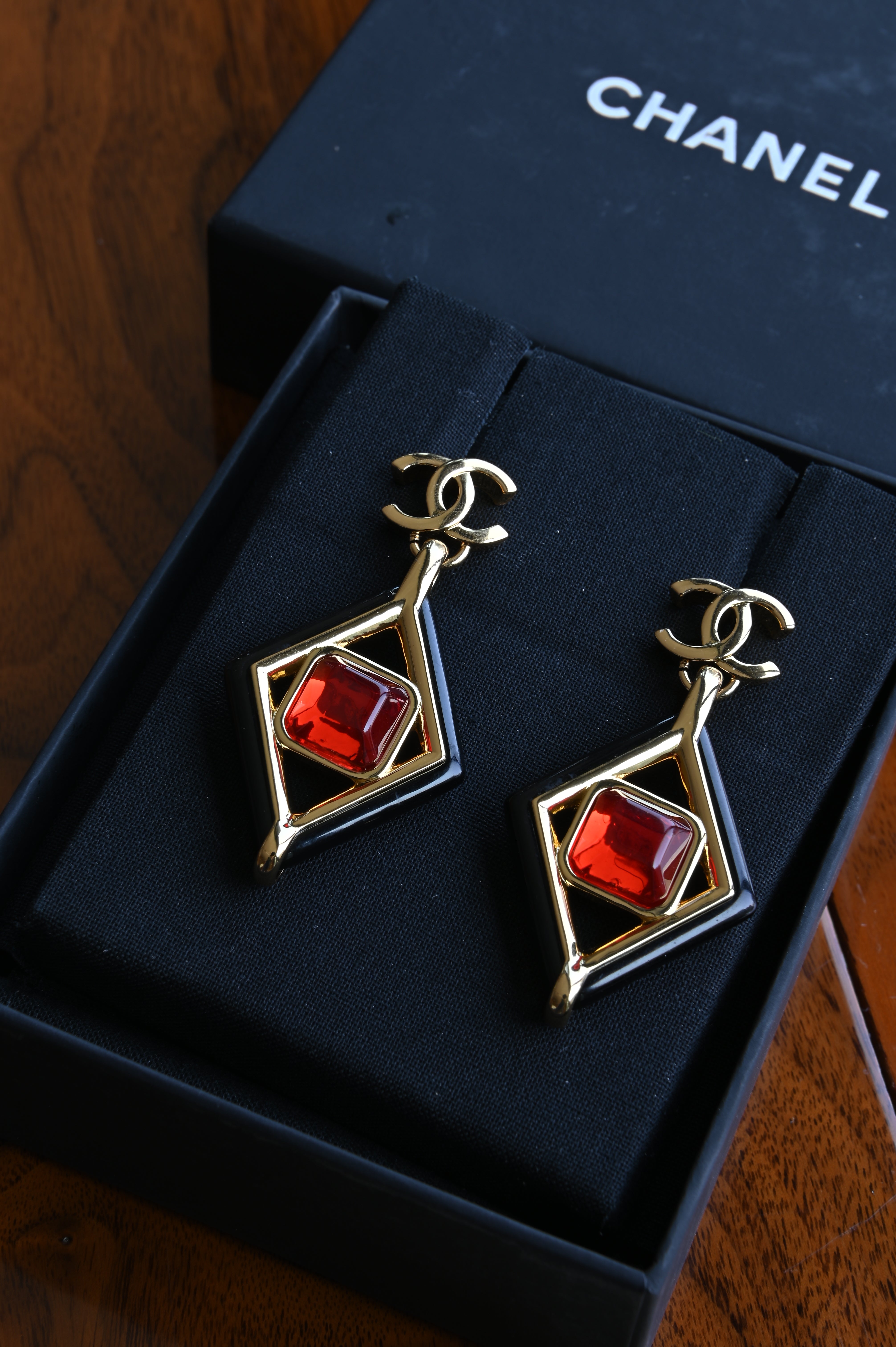 Chanel CC Diamond Red Stone Earrings front