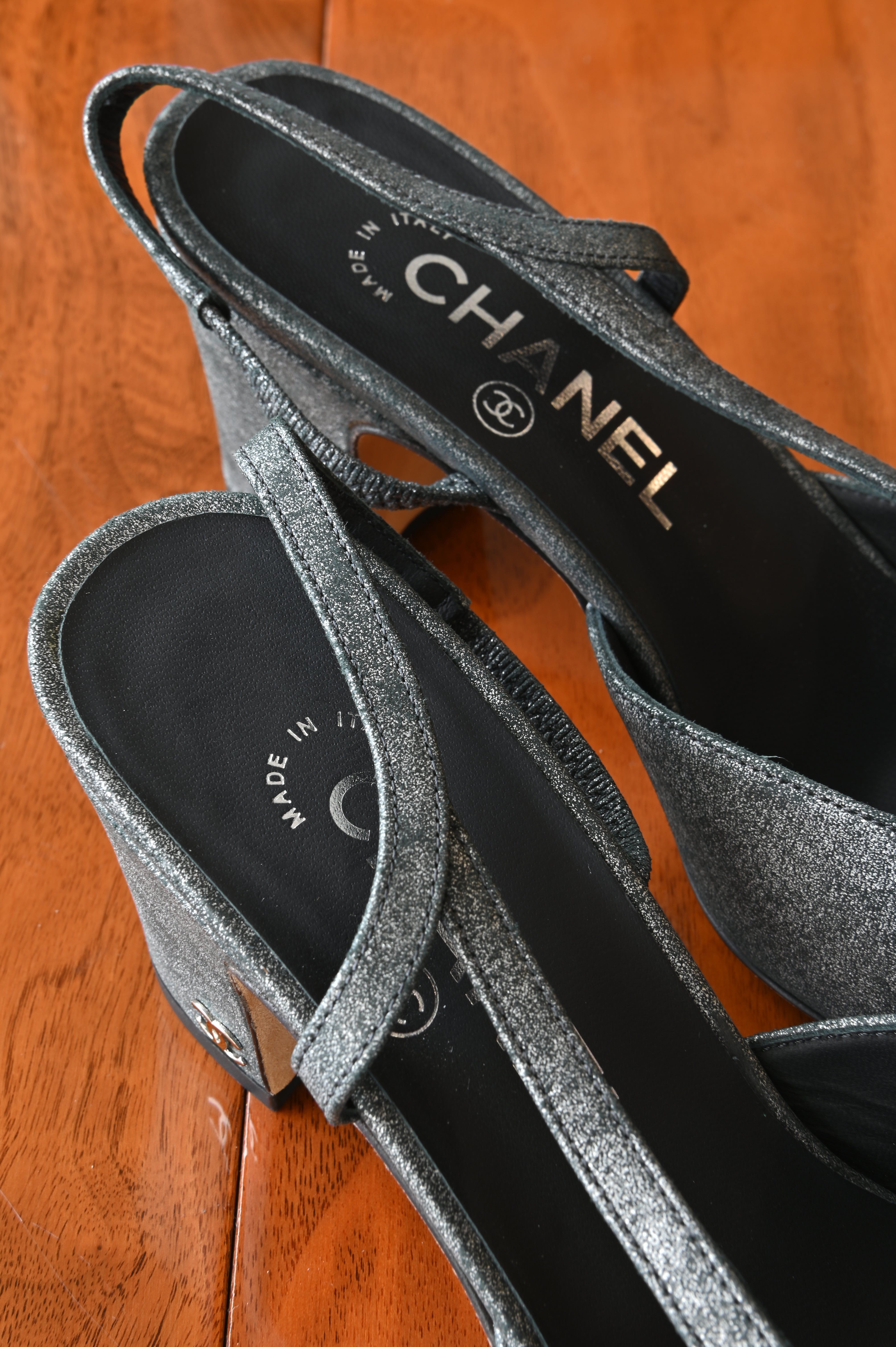 Chanel CC Grey Silver Suede Black Cap Slingback Pumps back