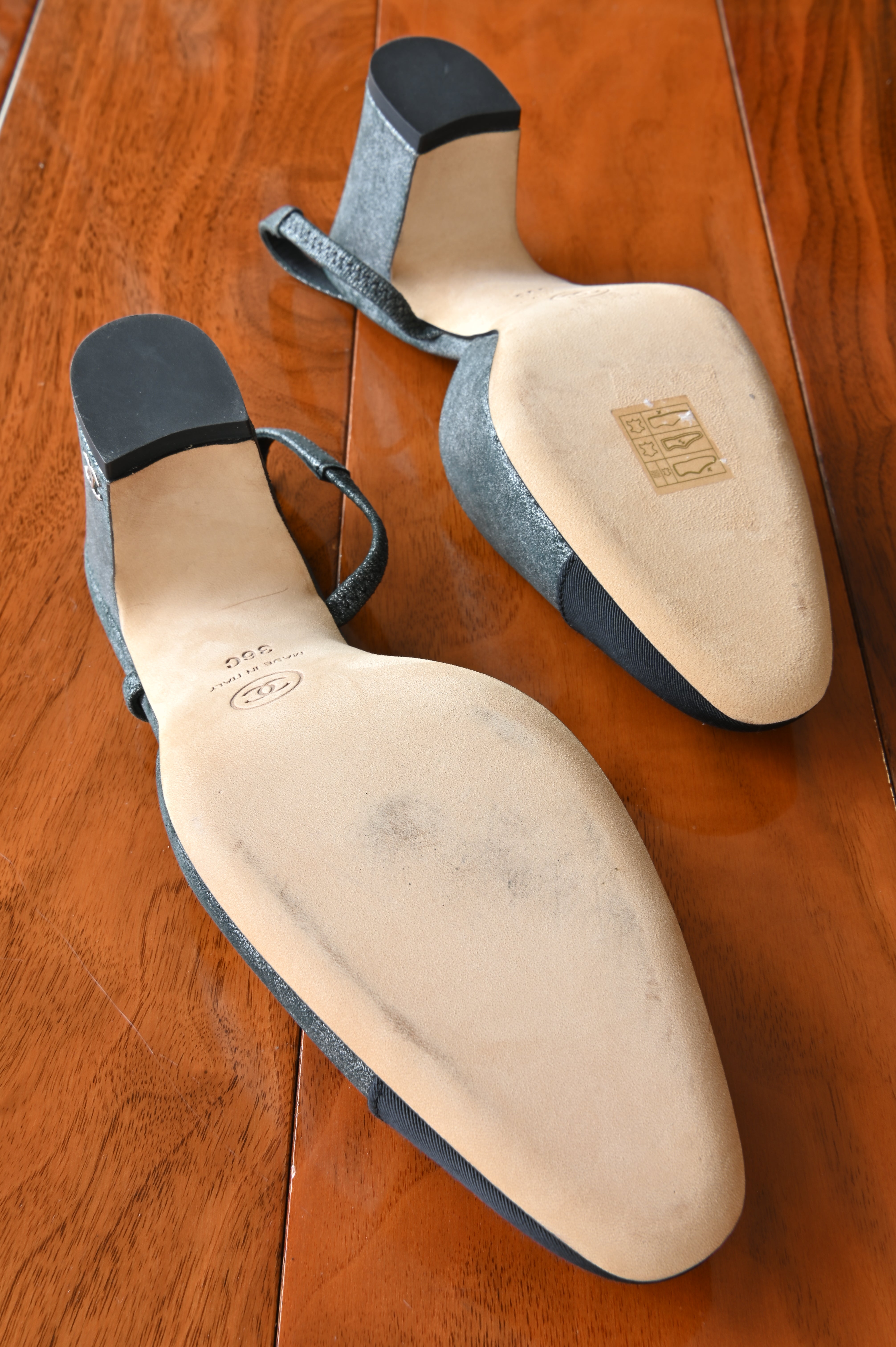 Chanel CC Grey Silver Suede Black Cap Slingback Pumps bottom two