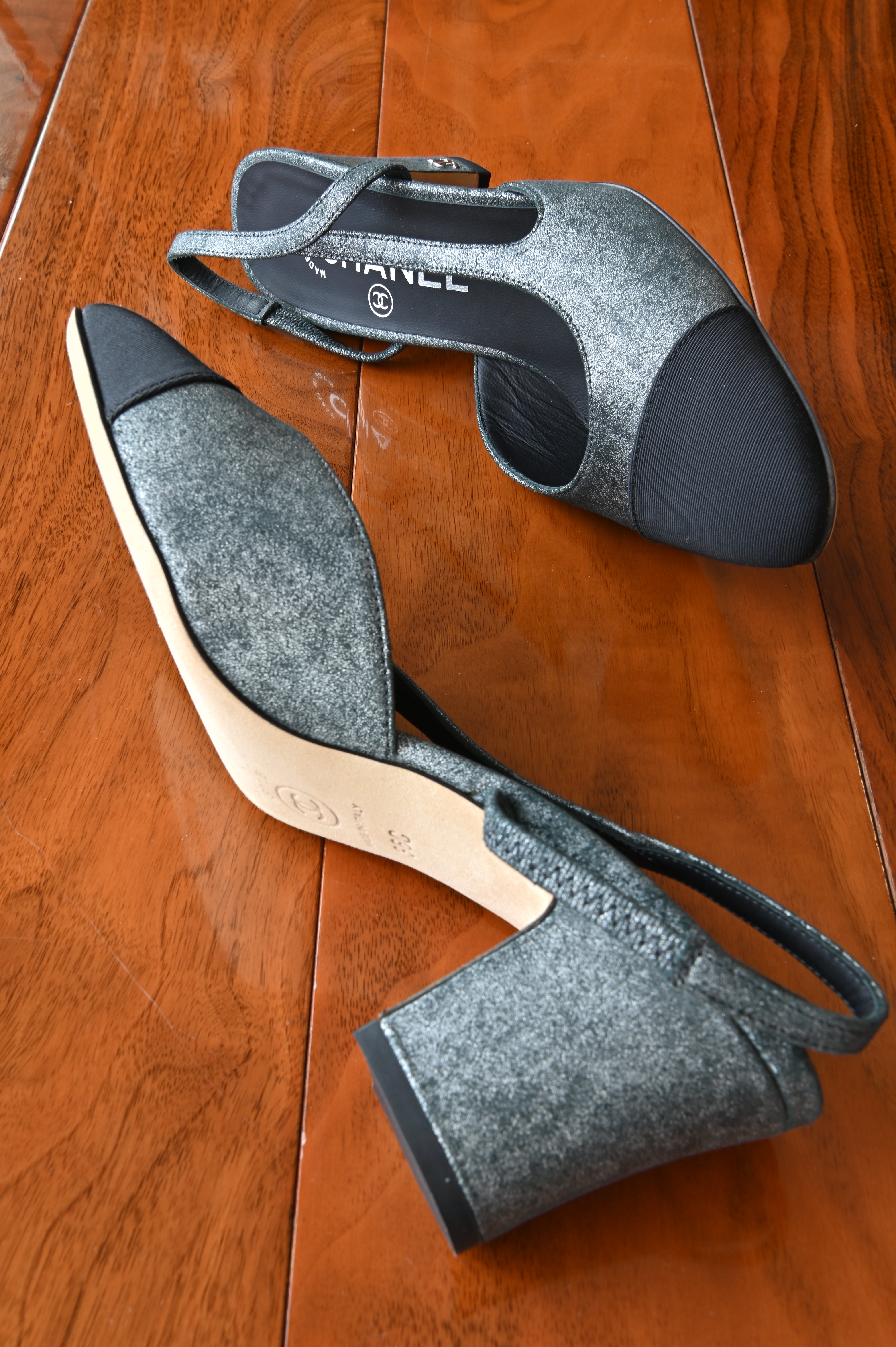 Chanel CC Grey Silver Suede Black Cap Slingback Pumps side two