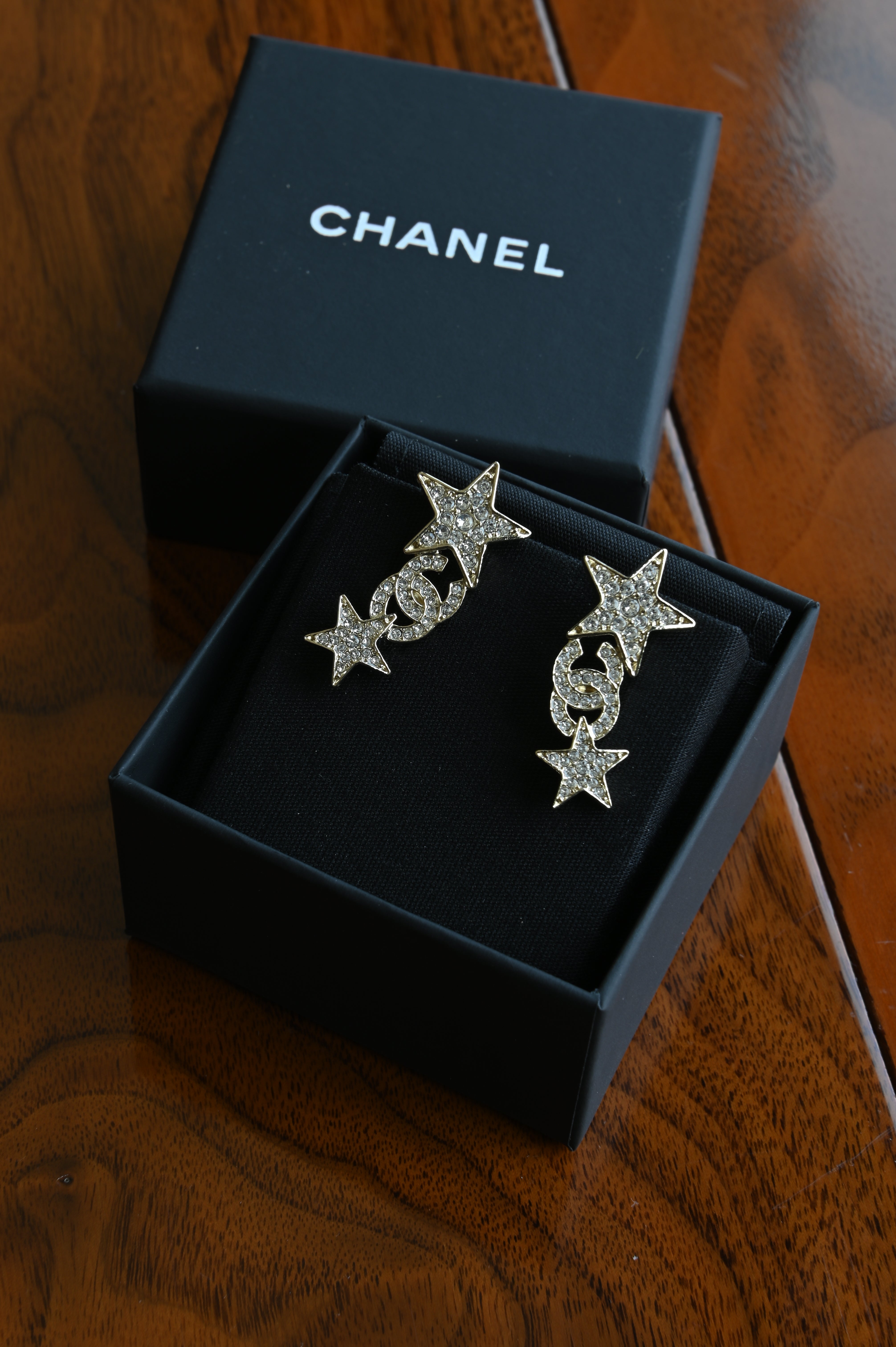 Chanel CC Star Crystal Embellished Earrings front