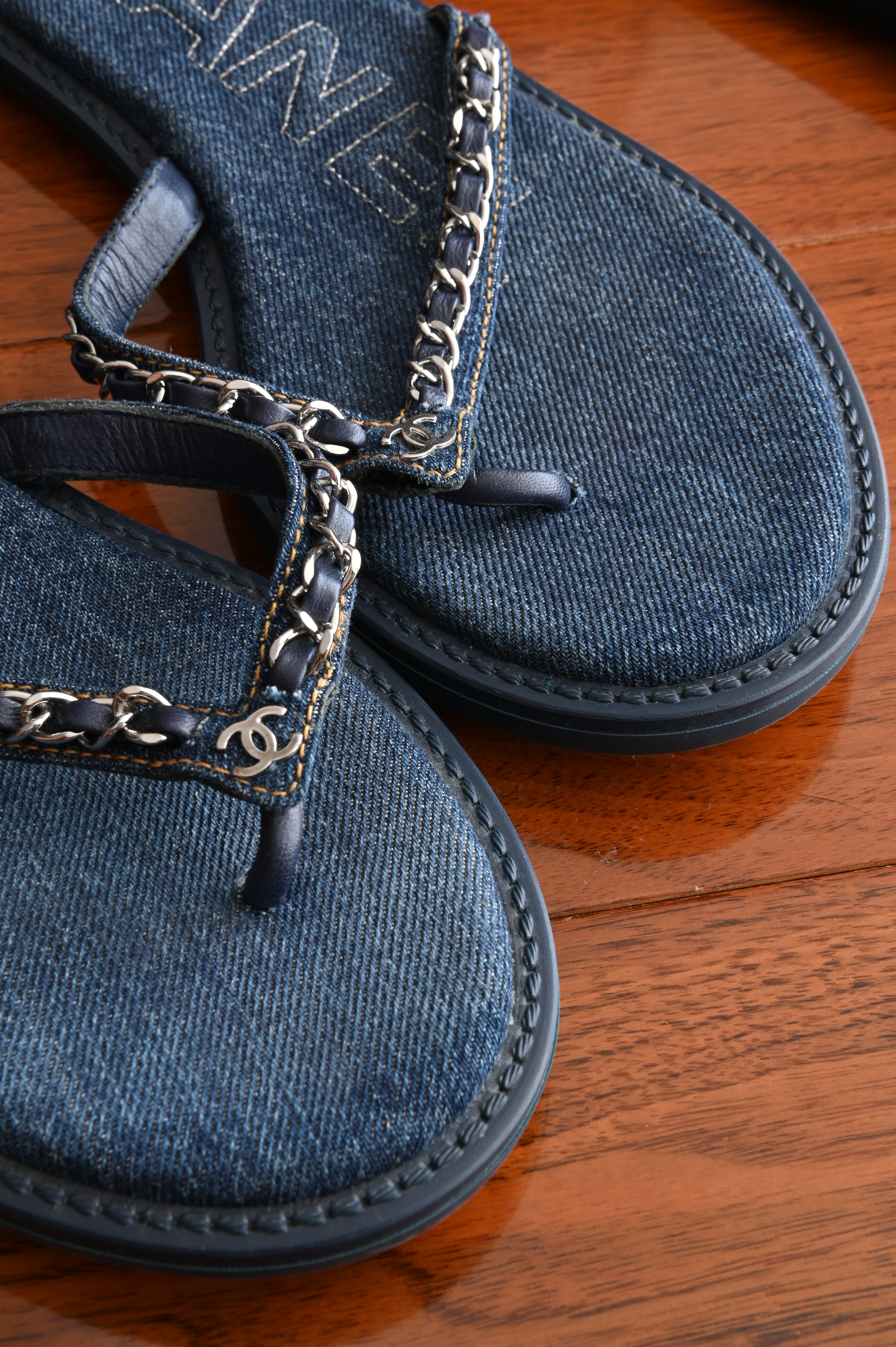 Chanel Chained Denim Sandals logo