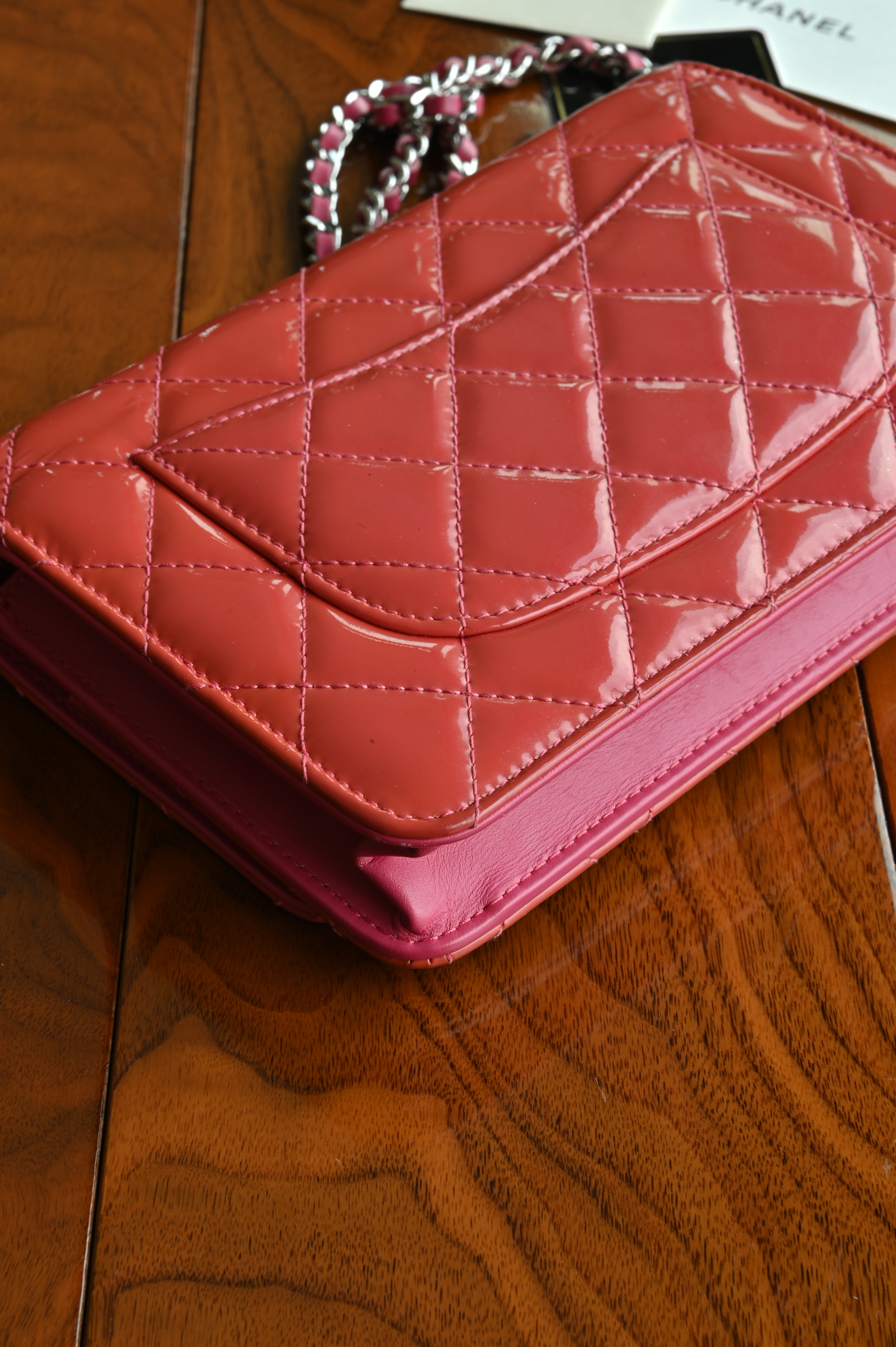 Chanel Classic Patent Pink Wallet on Chain angle two