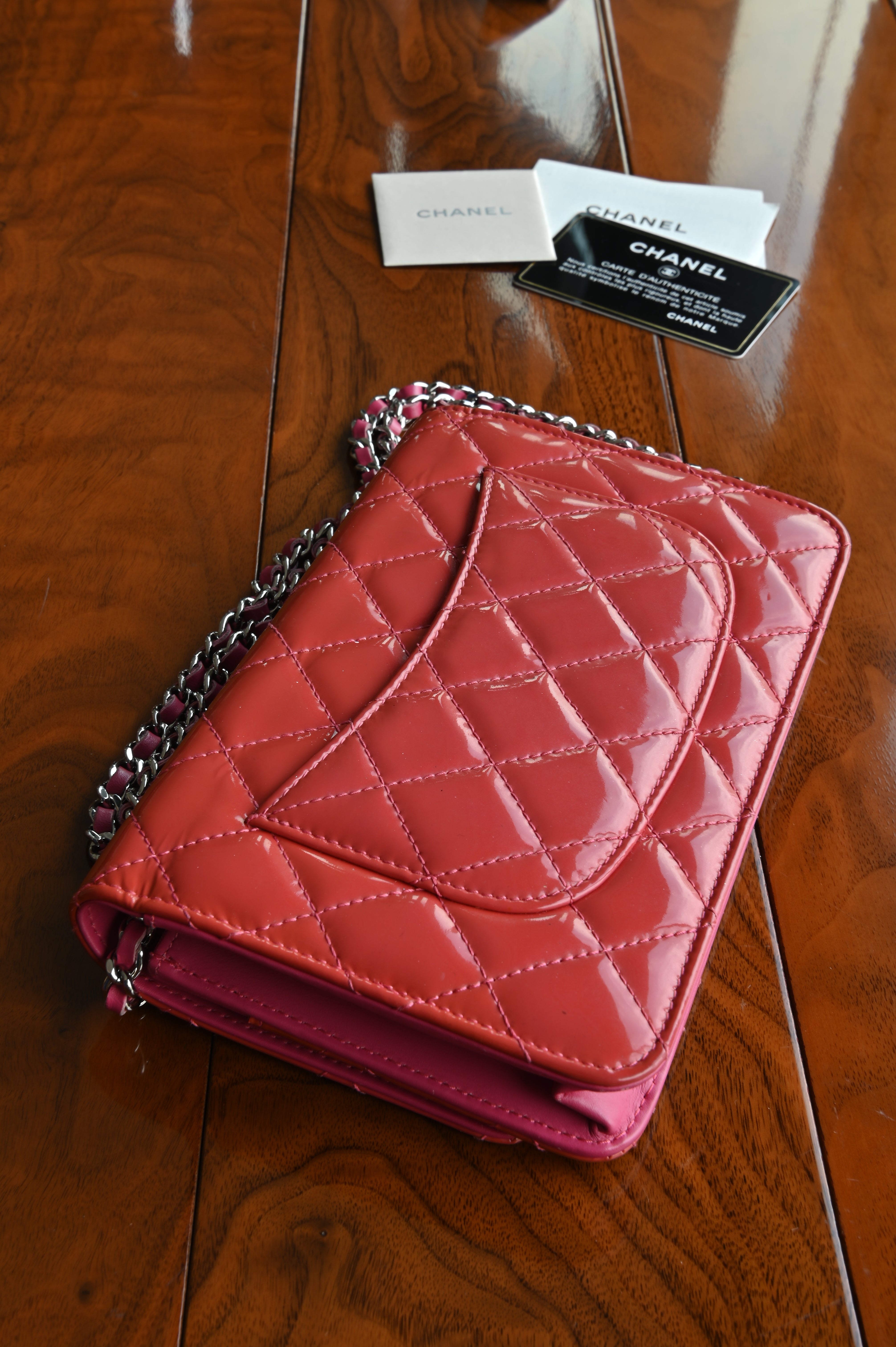 Chanel Classic Patent Pink Wallet on Chain back