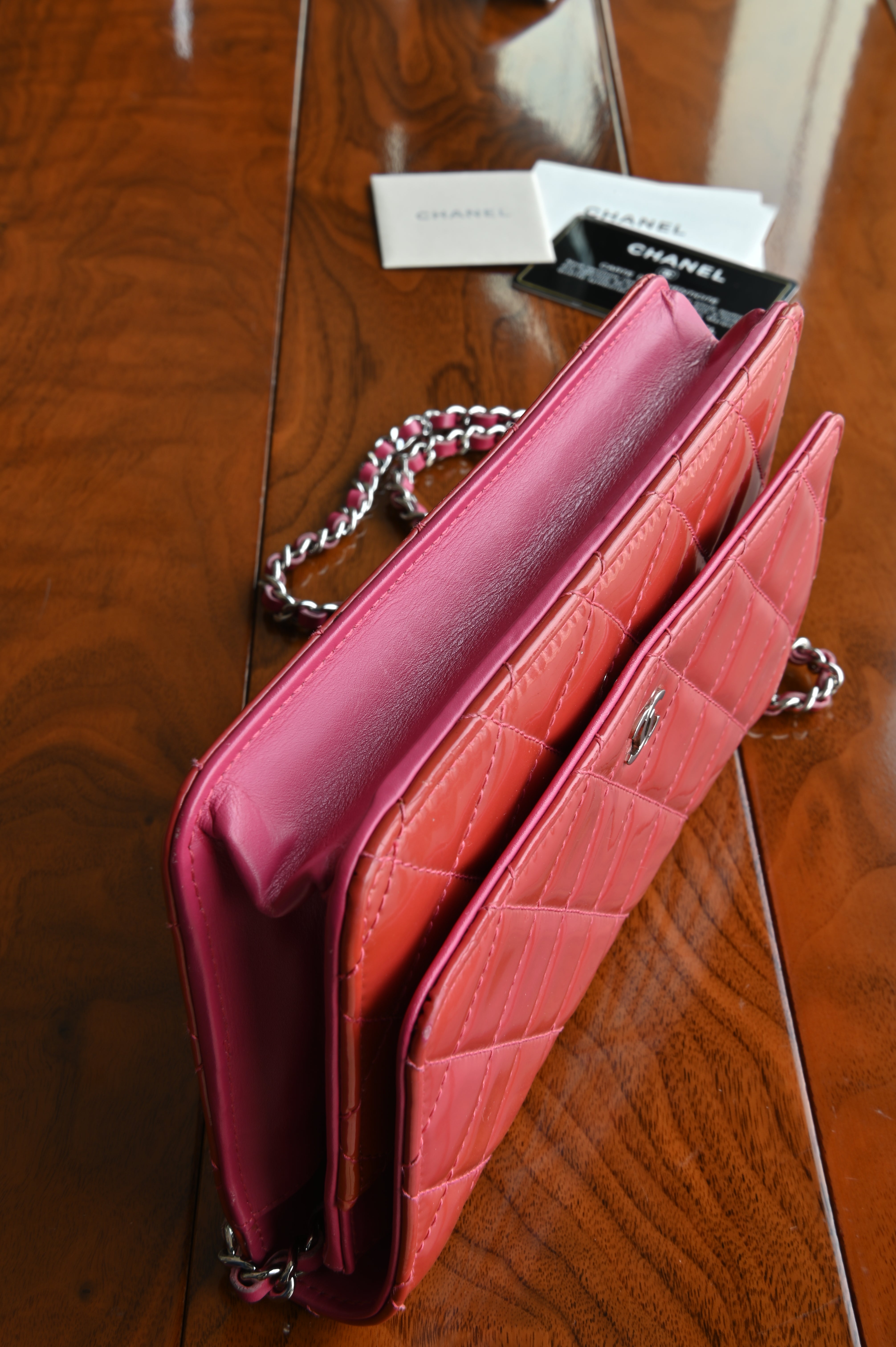 Chanel Classic Patent Pink Wallet on Chain bottom