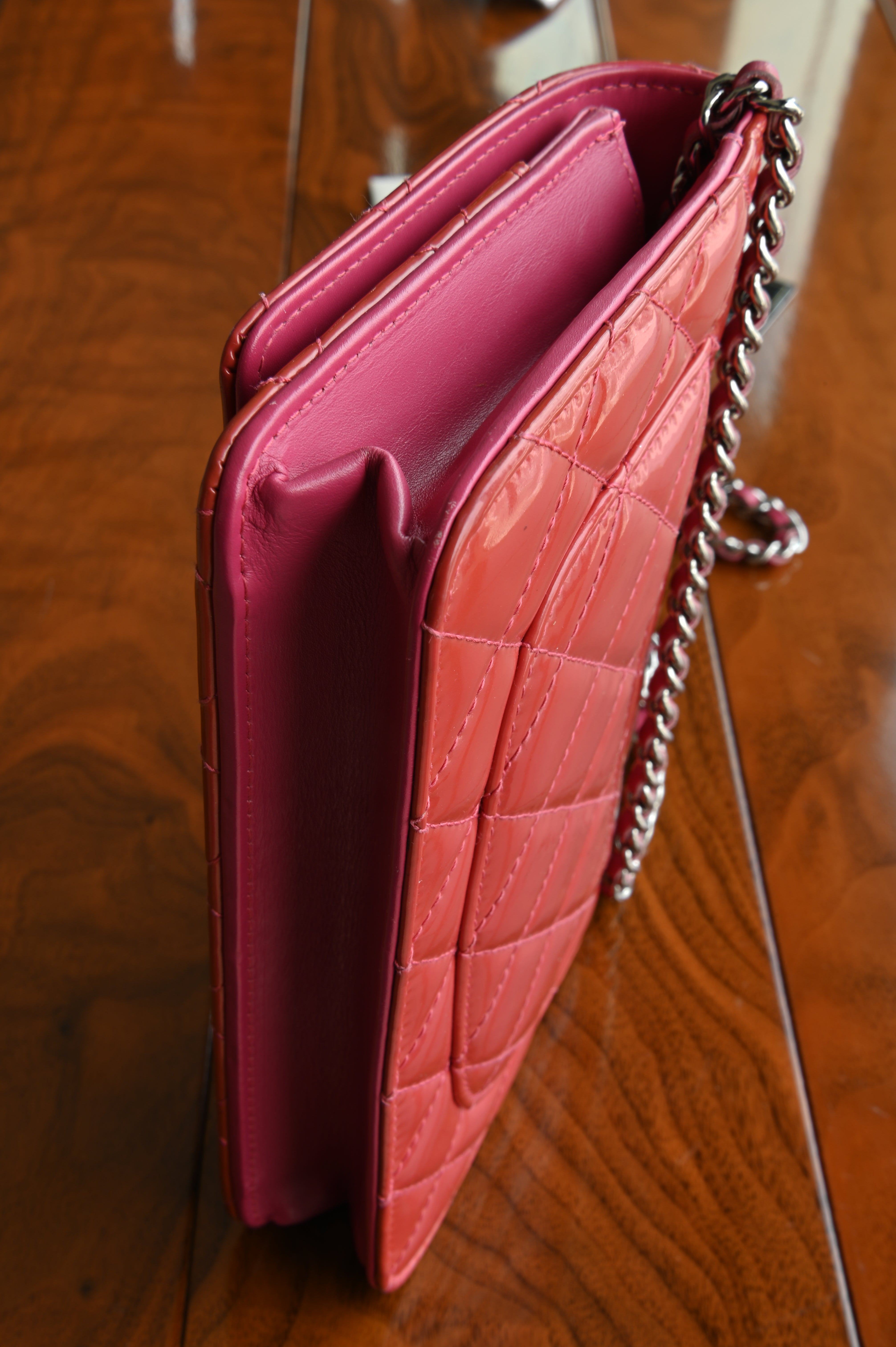 Chanel Classic Patent Pink Wallet on Chain left