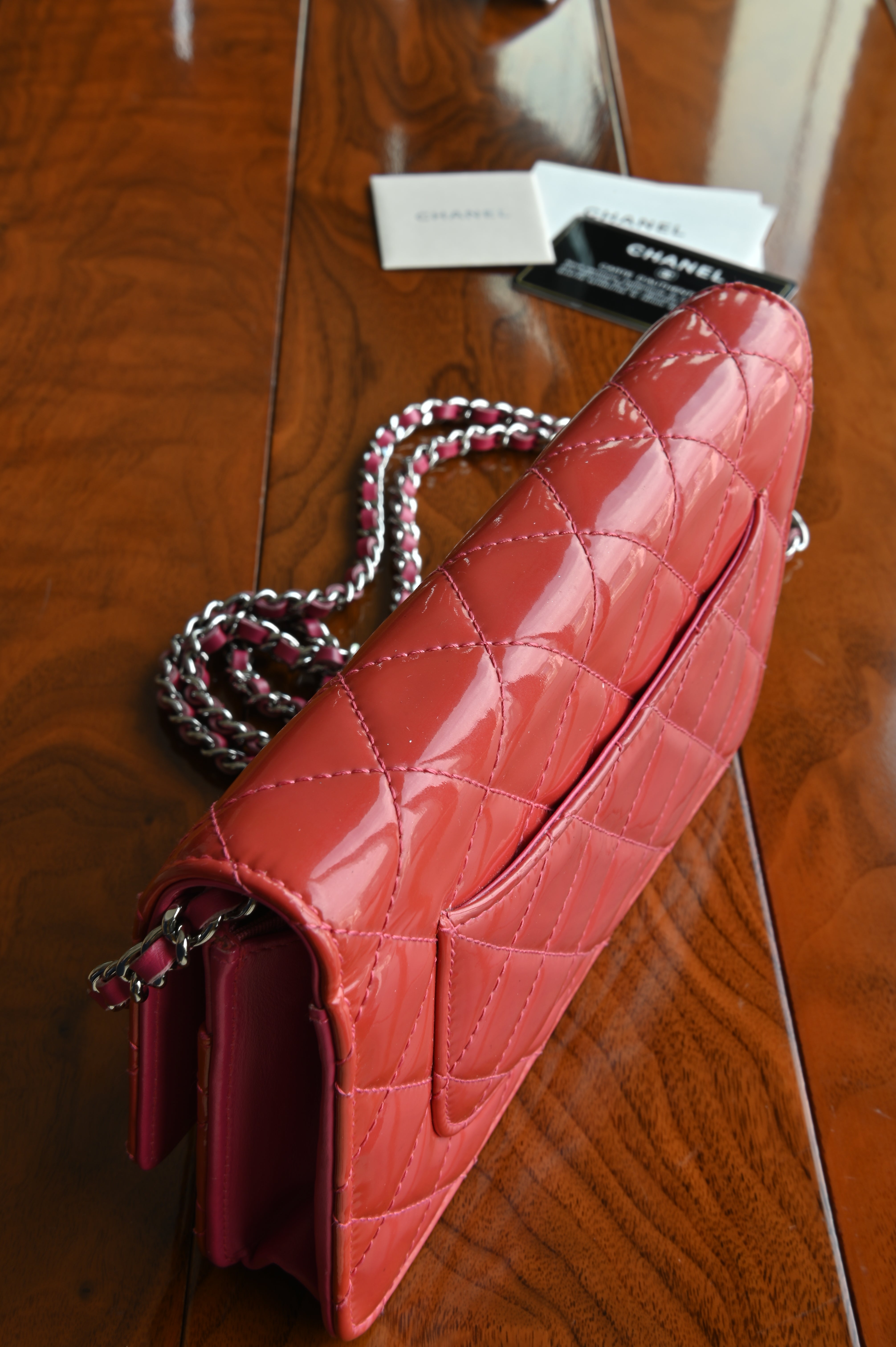 Chanel Classic Patent Pink Wallet on Chain top