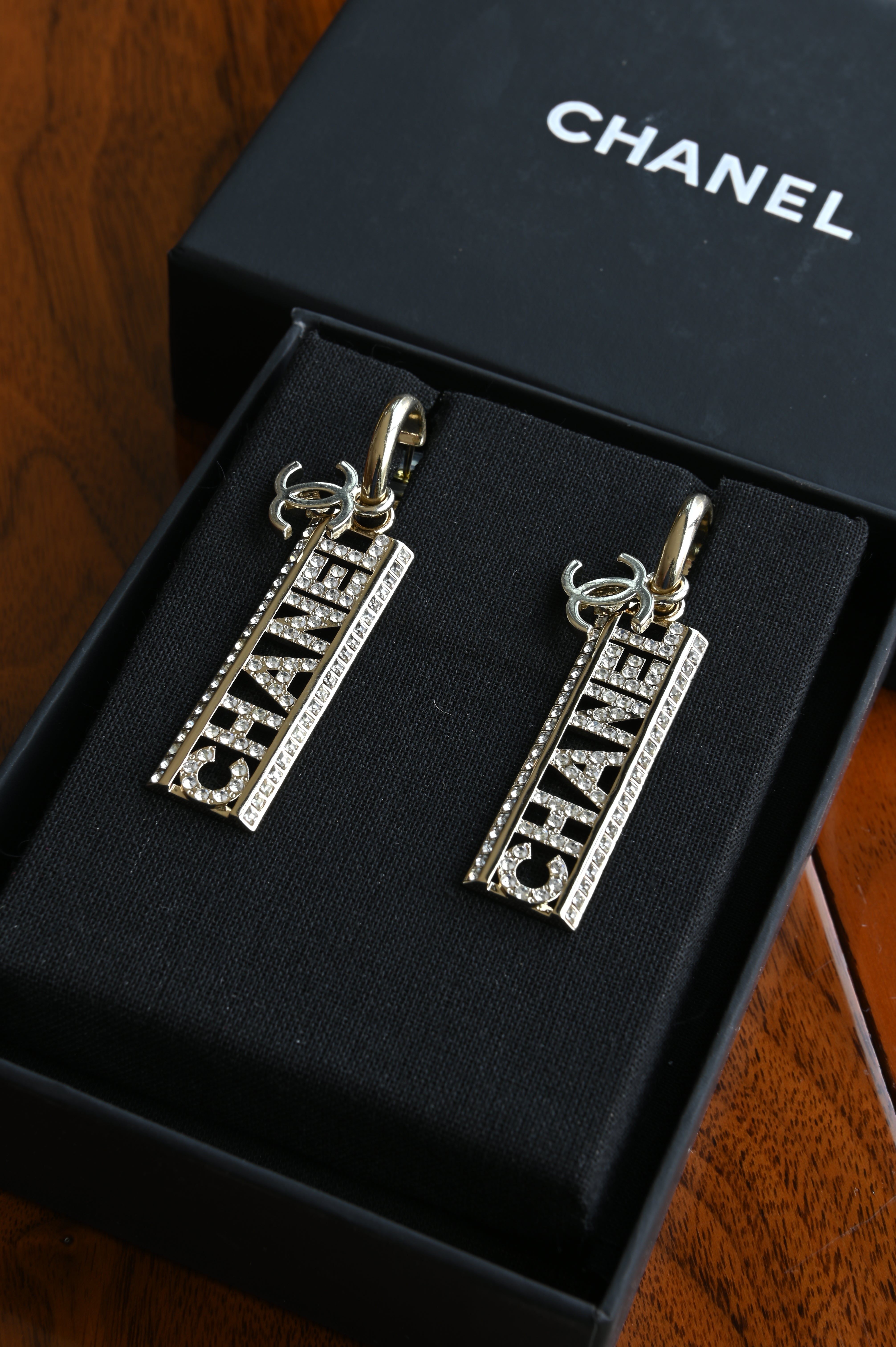 Chanel Crystal Embellished Drop Earrings front