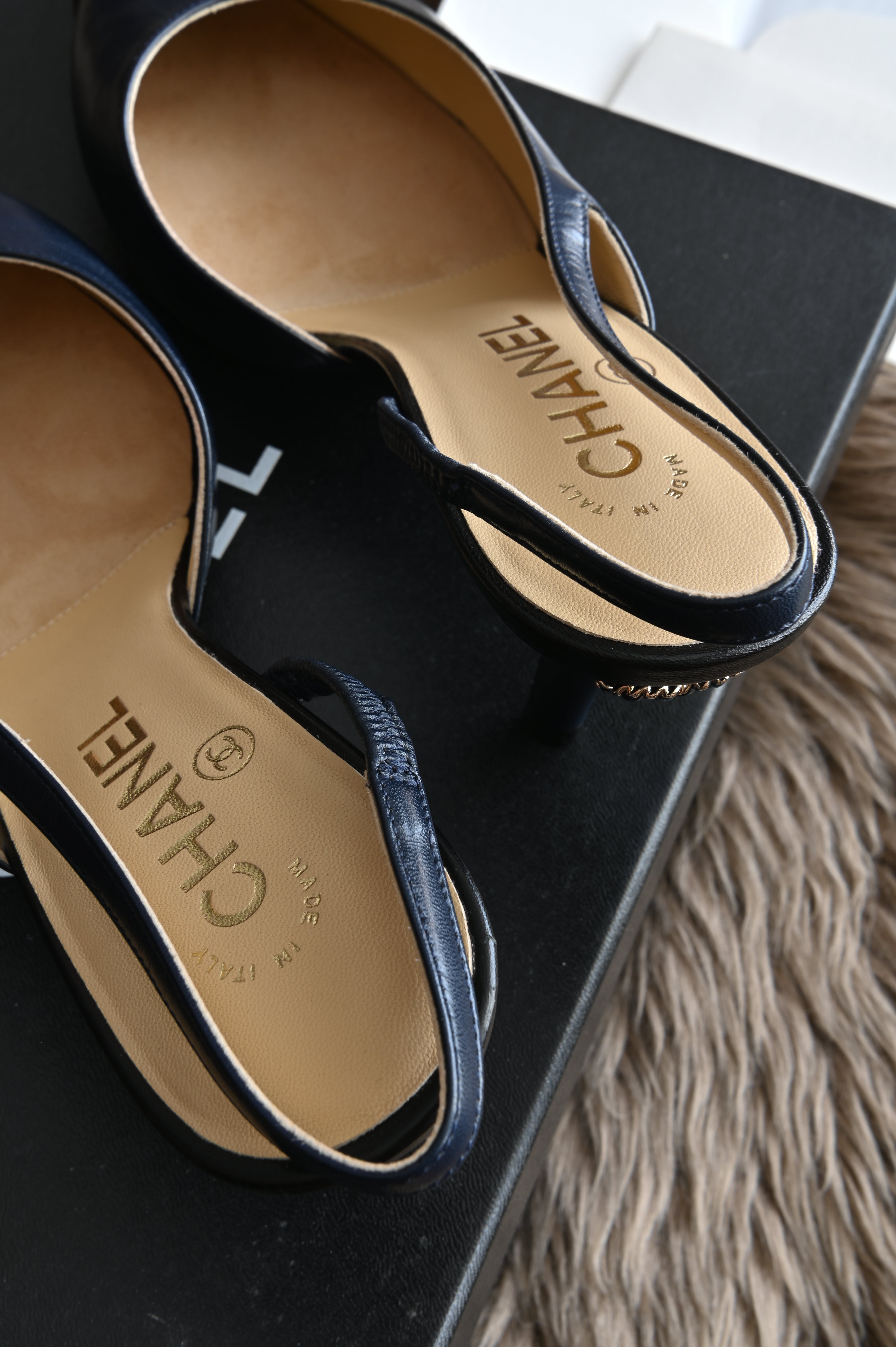 Chanel Dark Blue Slingback heels back