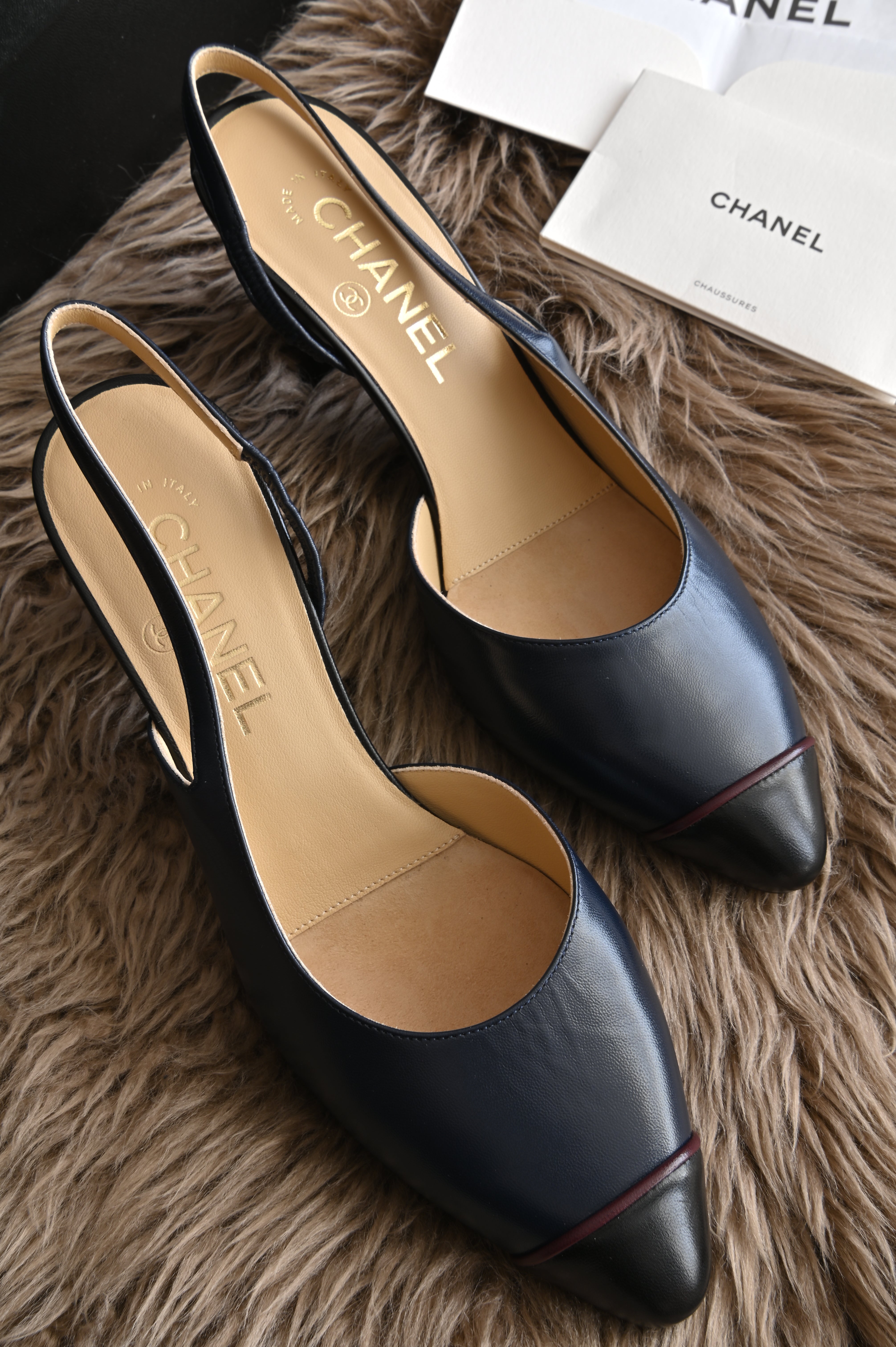 Chanel Dark Blue Slingback heels front