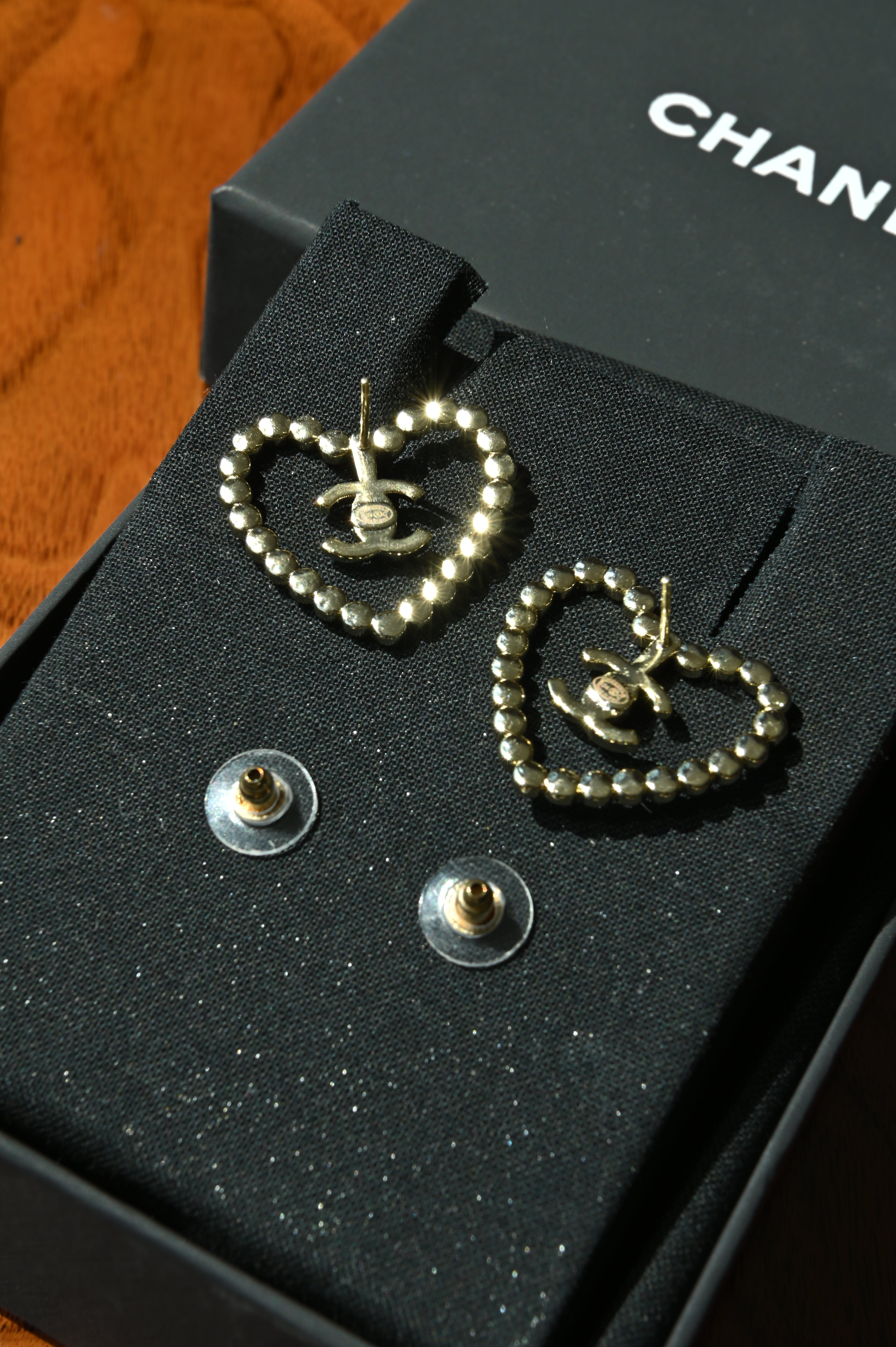 Chanel Gold Heart Logo Earrings back