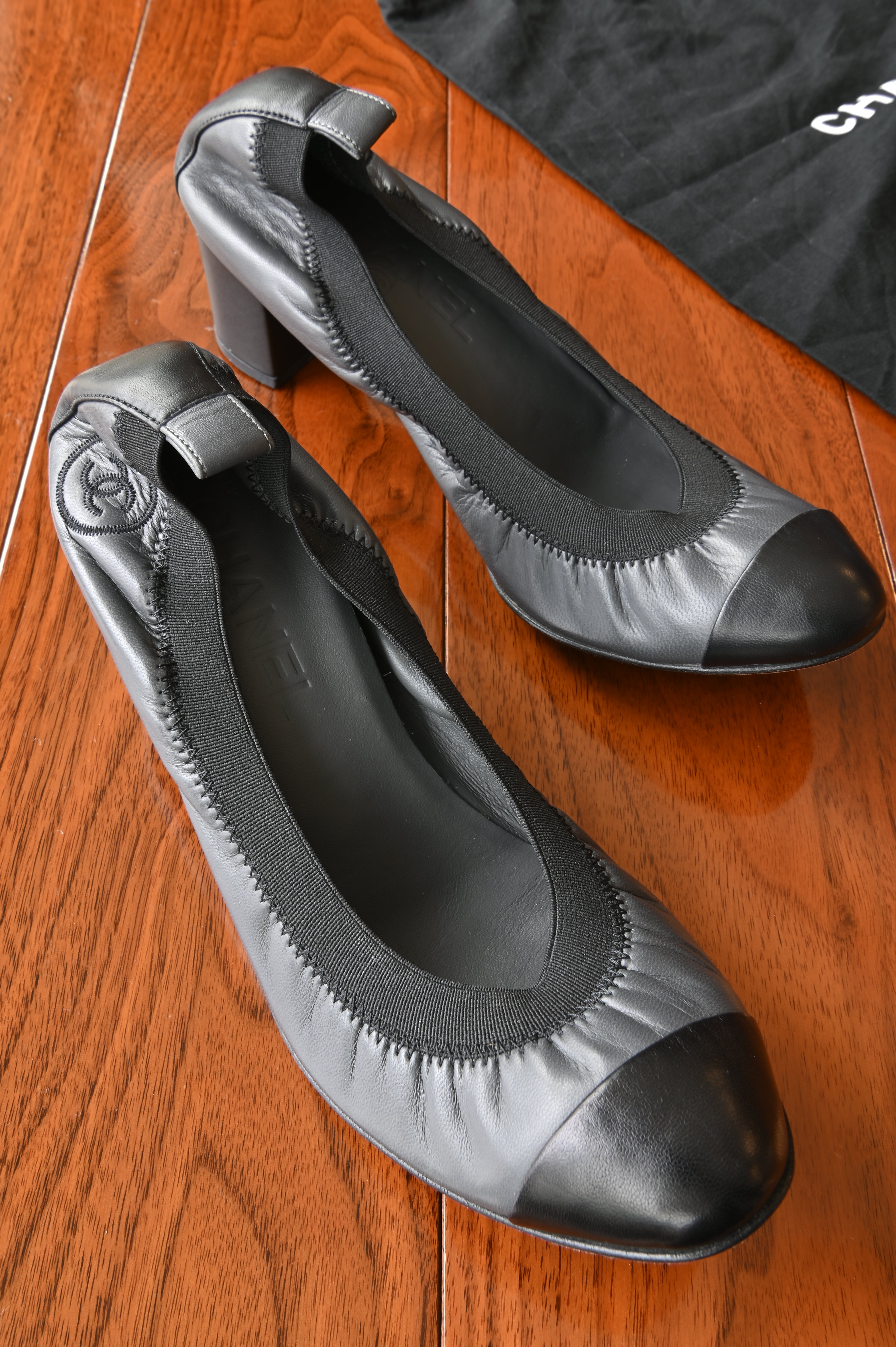 Chanel Grey Black Ballerina Pumps