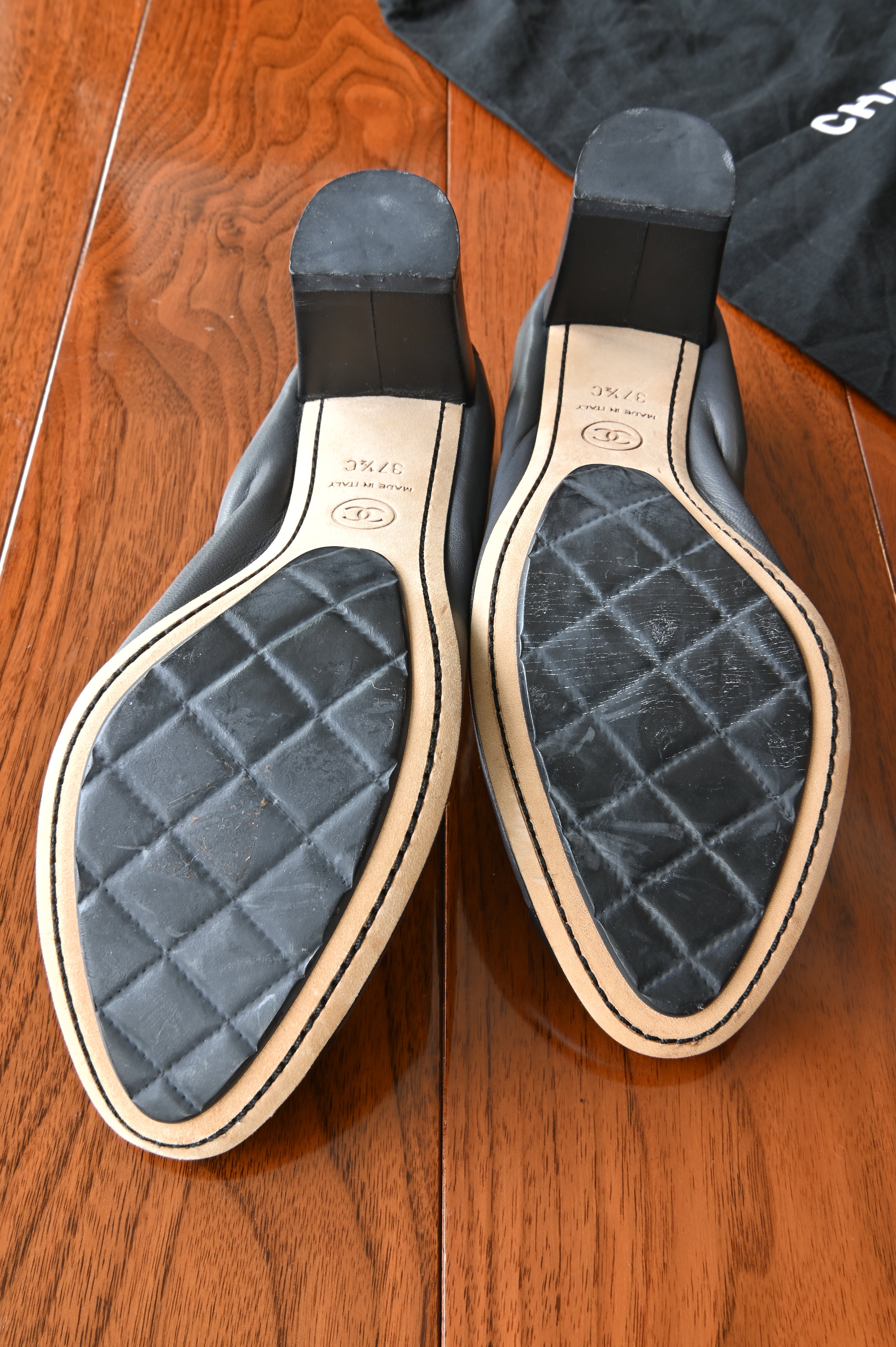 Chanel Grey Black Ballerina Pumps bottom two
