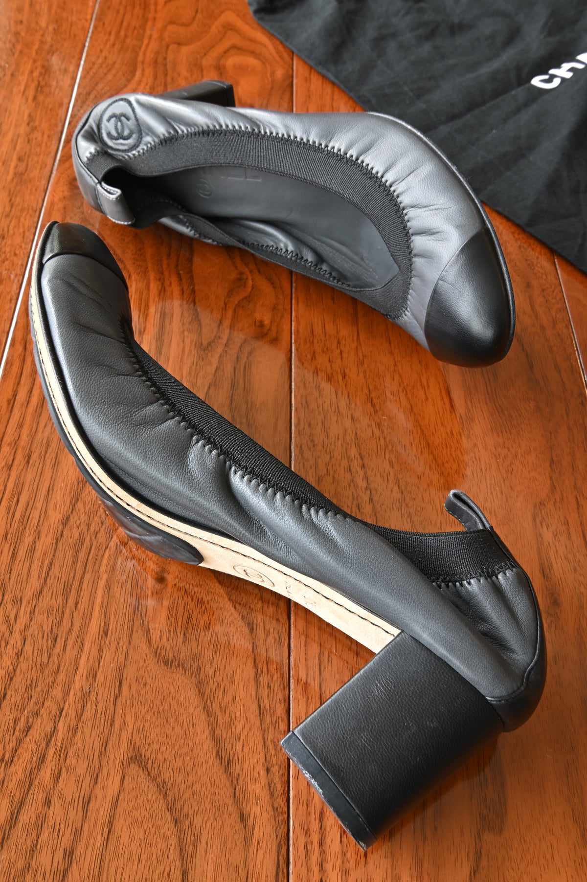 Chanel Grey Black Ballerina Pumps side two