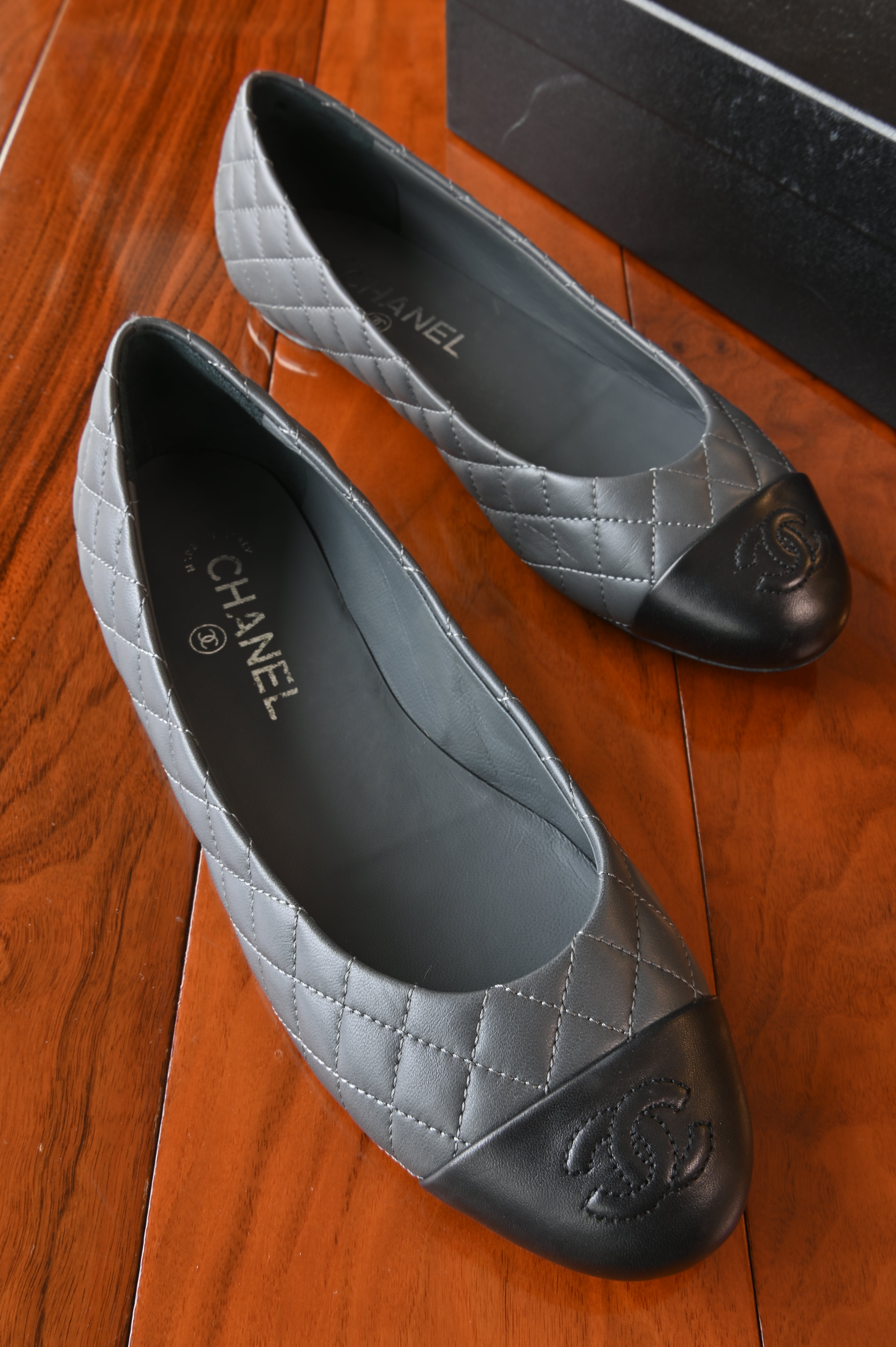 Chanel Grey Quilted Lamb Ballerina Flats