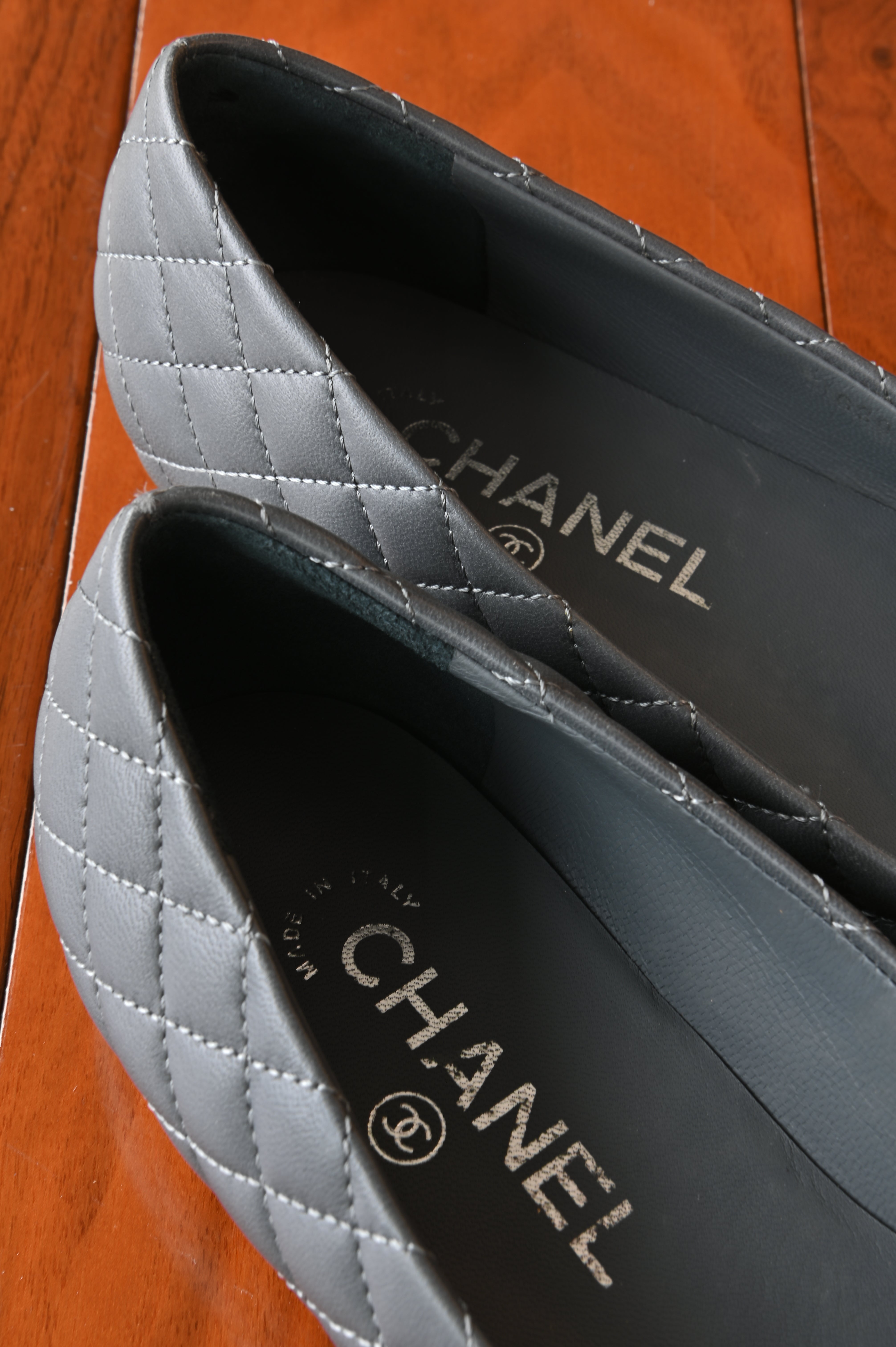Chanel Grey Quilted Lamb Ballerina Flats back