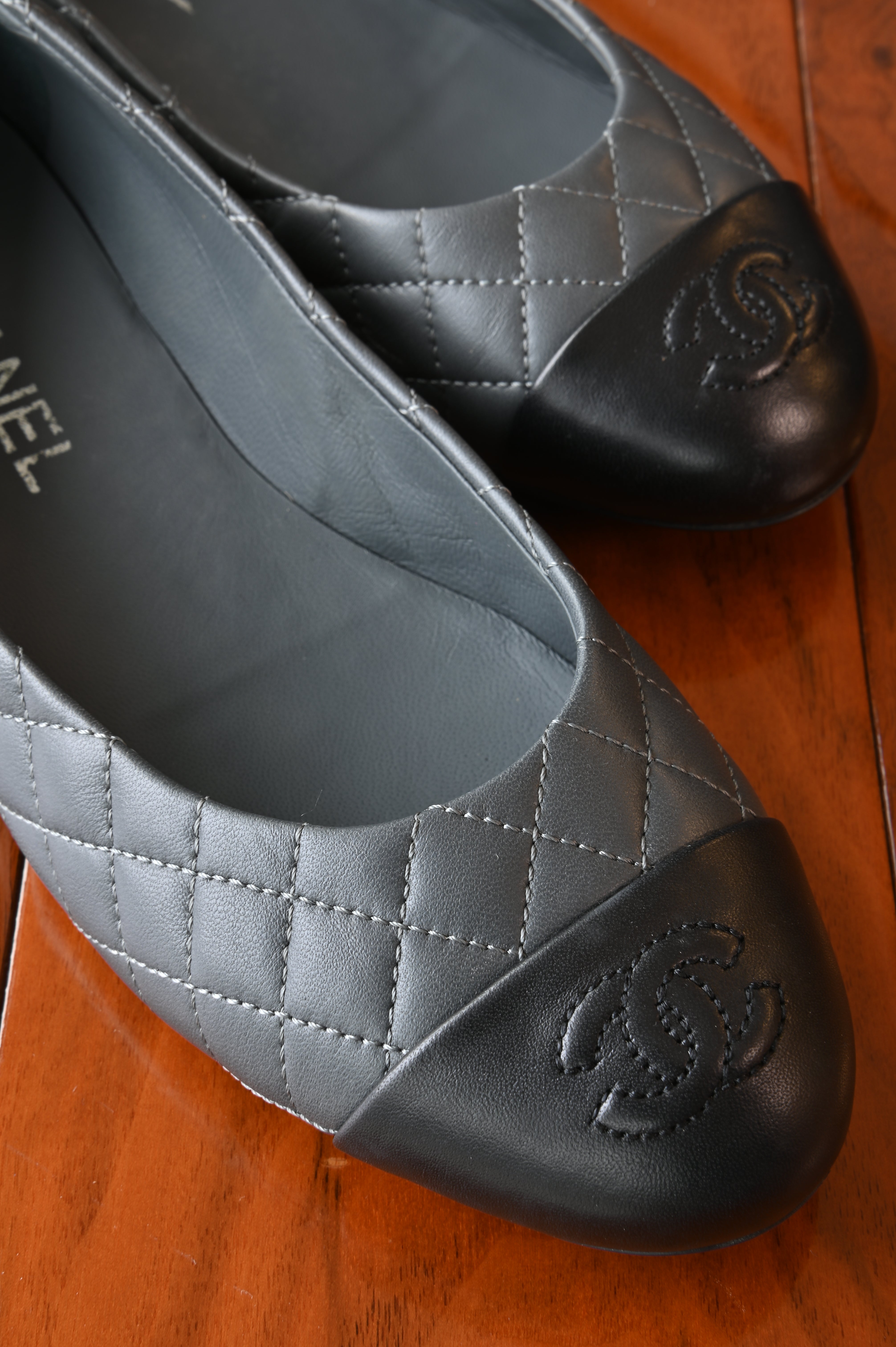 Chanel Grey Quilted Lamb Ballerina Flats front