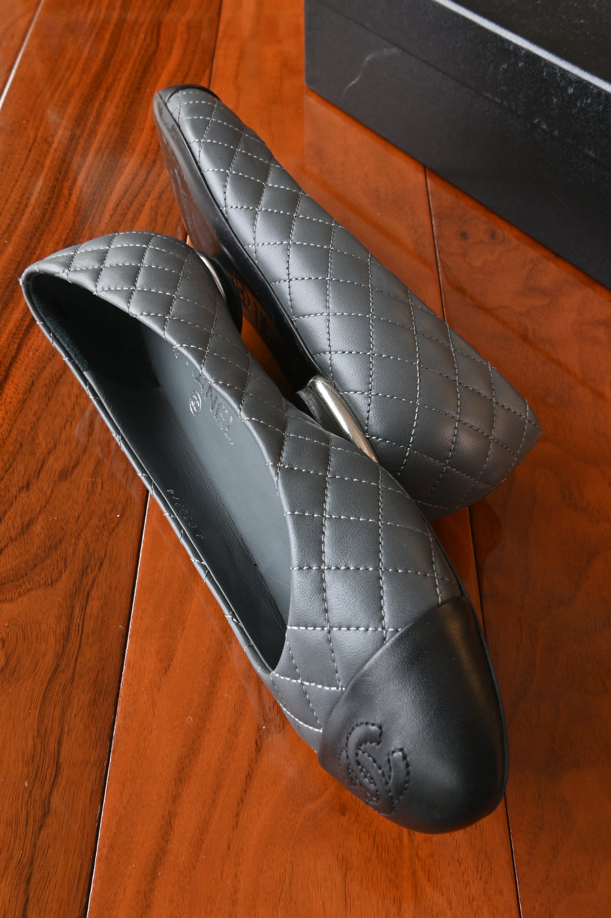 Chanel Grey Quilted Lamb Ballerina Flats side