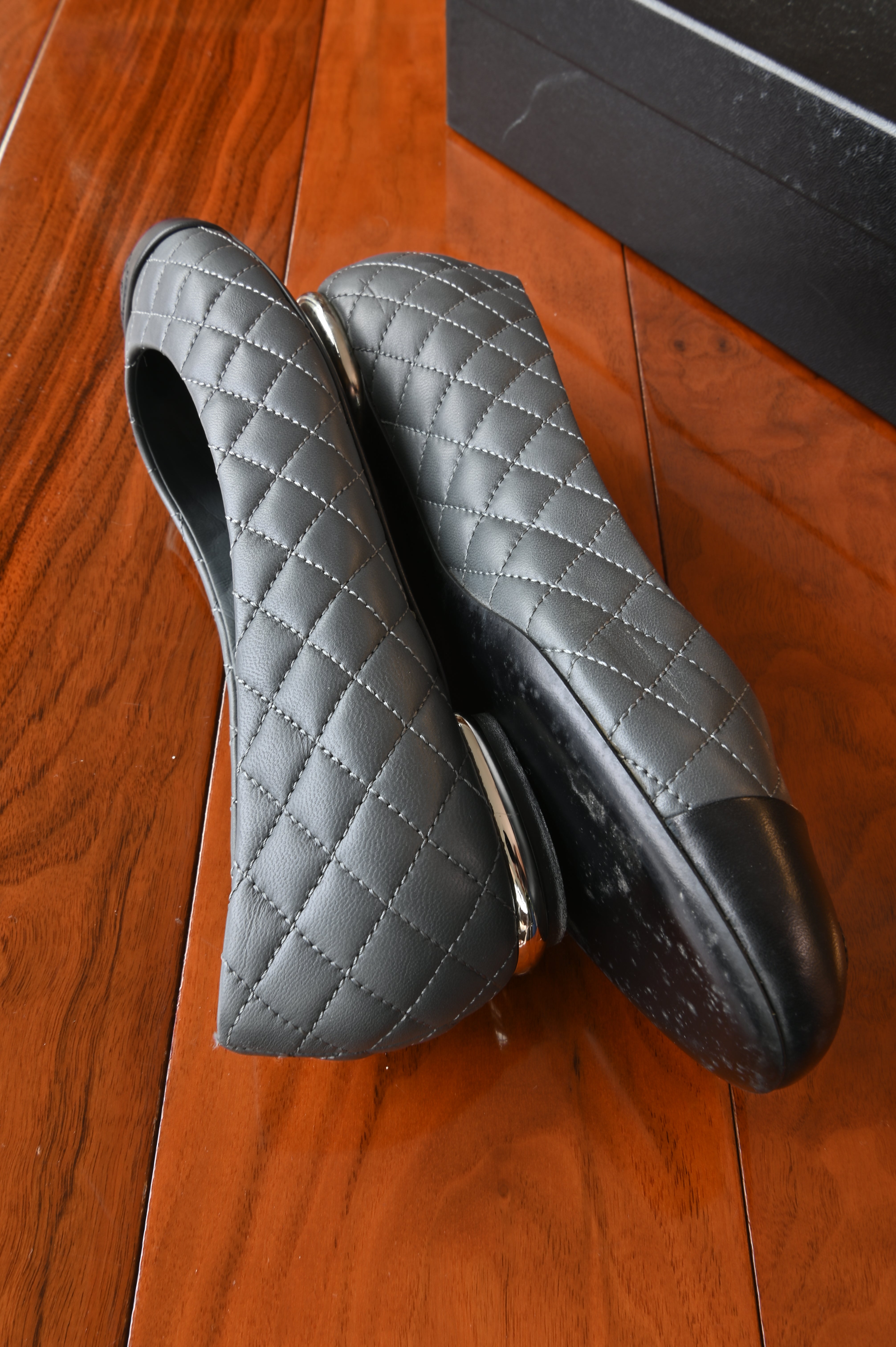 Chanel Grey Quilted Lamb Ballerina Flats side two