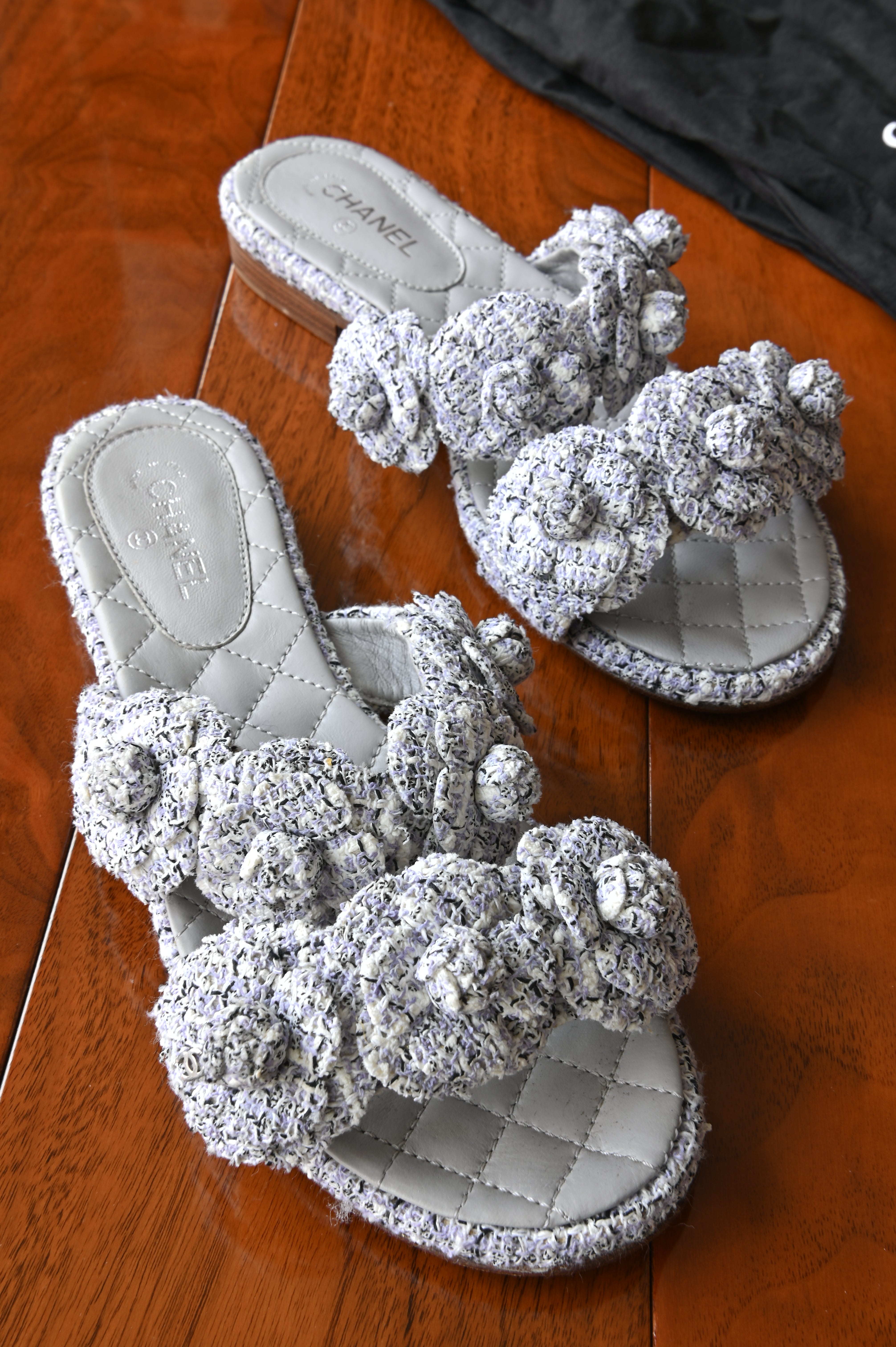 Chanel Grey Tweed Camellia Flats