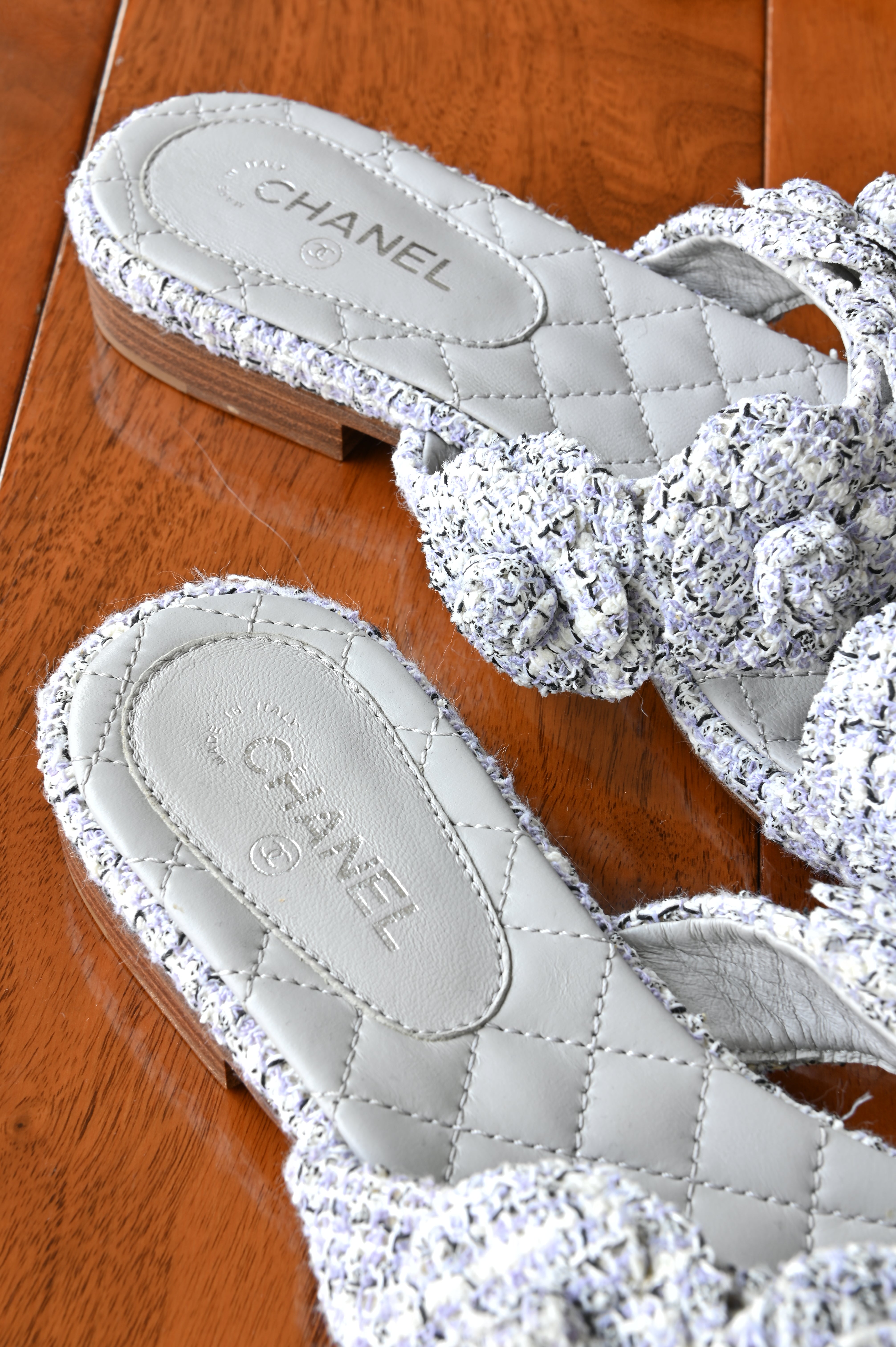 Chanel Grey Tweed Camellia Flats back