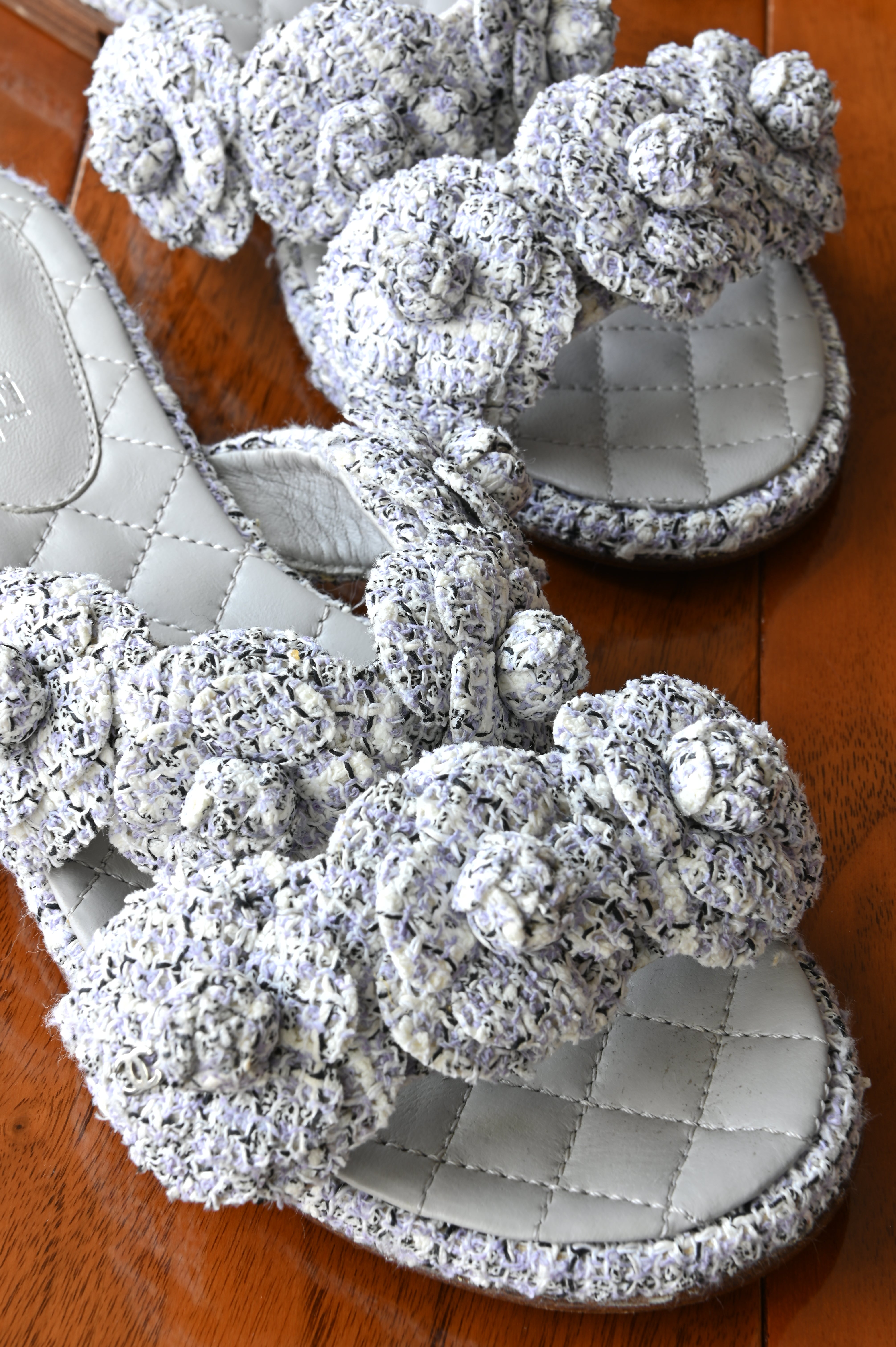 Chanel Grey Tweed Camellia Flats front
