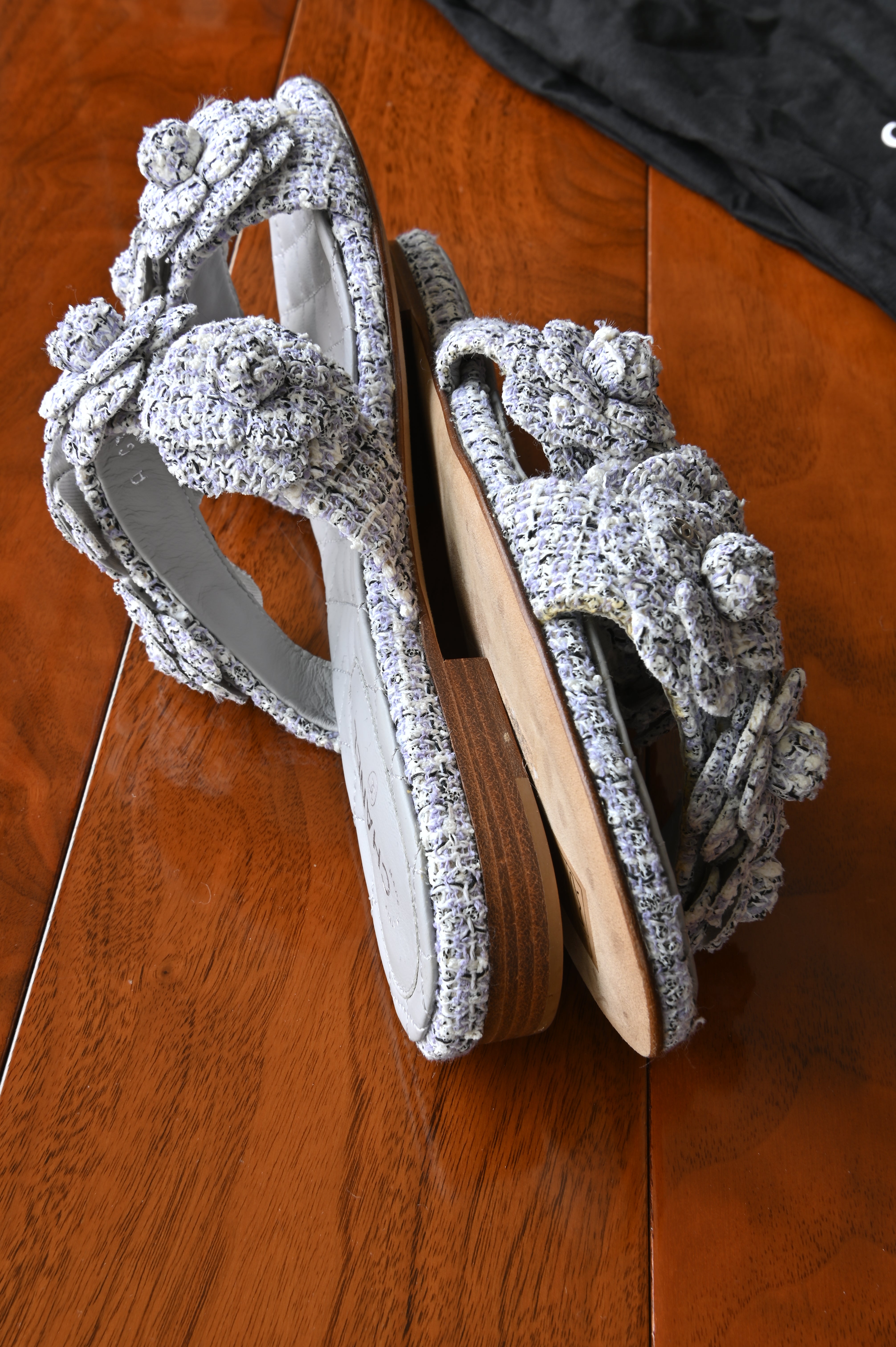 Chanel Grey Tweed Camellia Flats side two