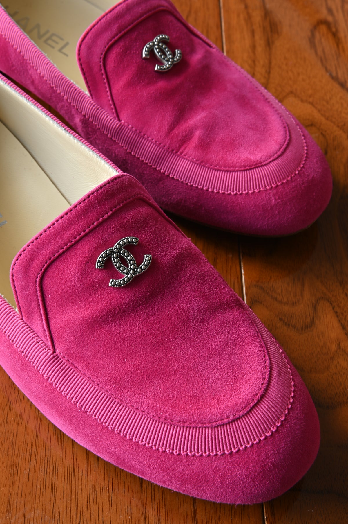 Chanel Hot Pink Suede Loafers front