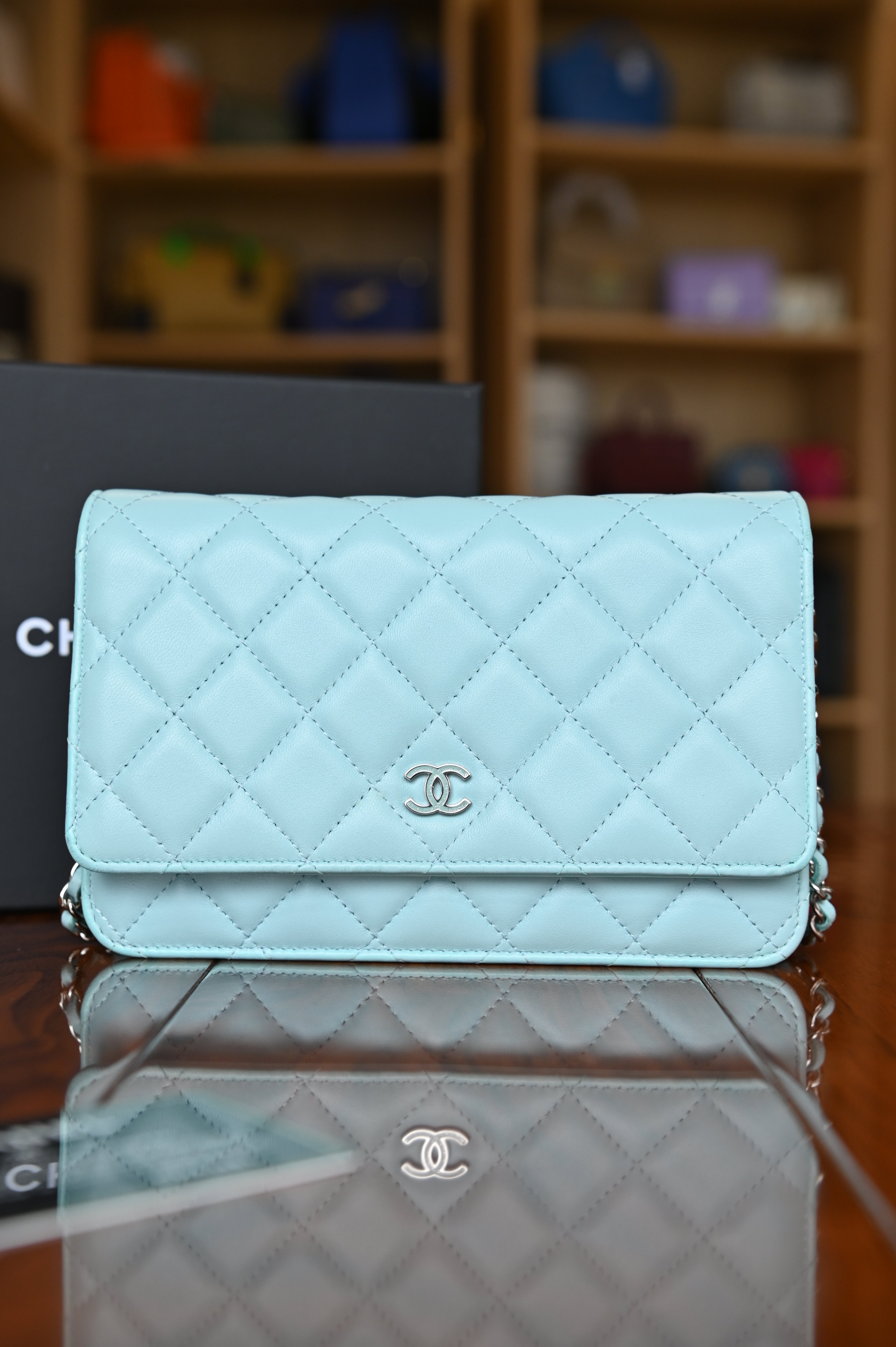 Chanel Light Blue Quilted Wallet On Chain