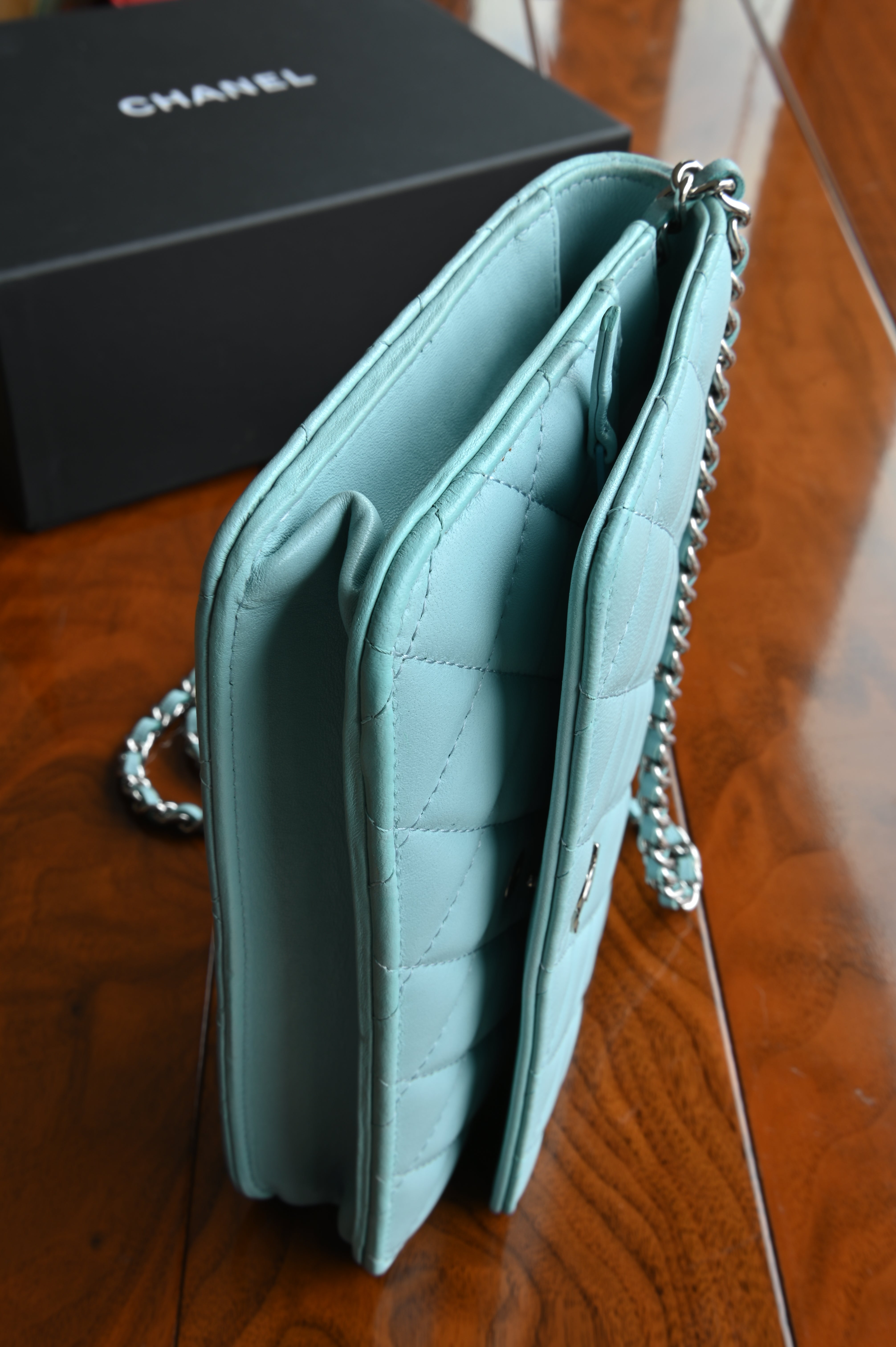 Chanel Light Blue Quilted Wallet On Chain Left