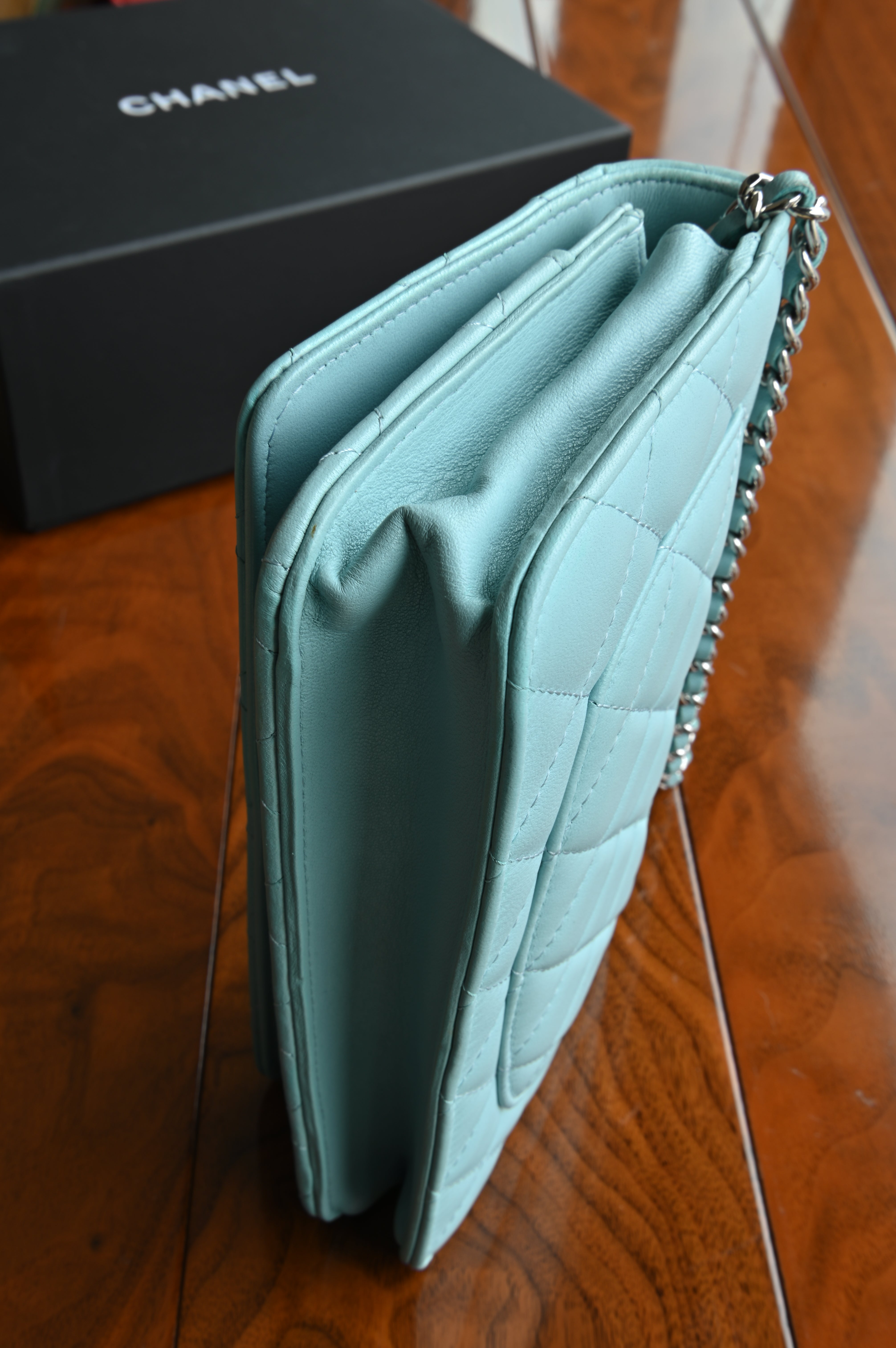 Chanel Light Blue Quilted Wallet On Chain Right