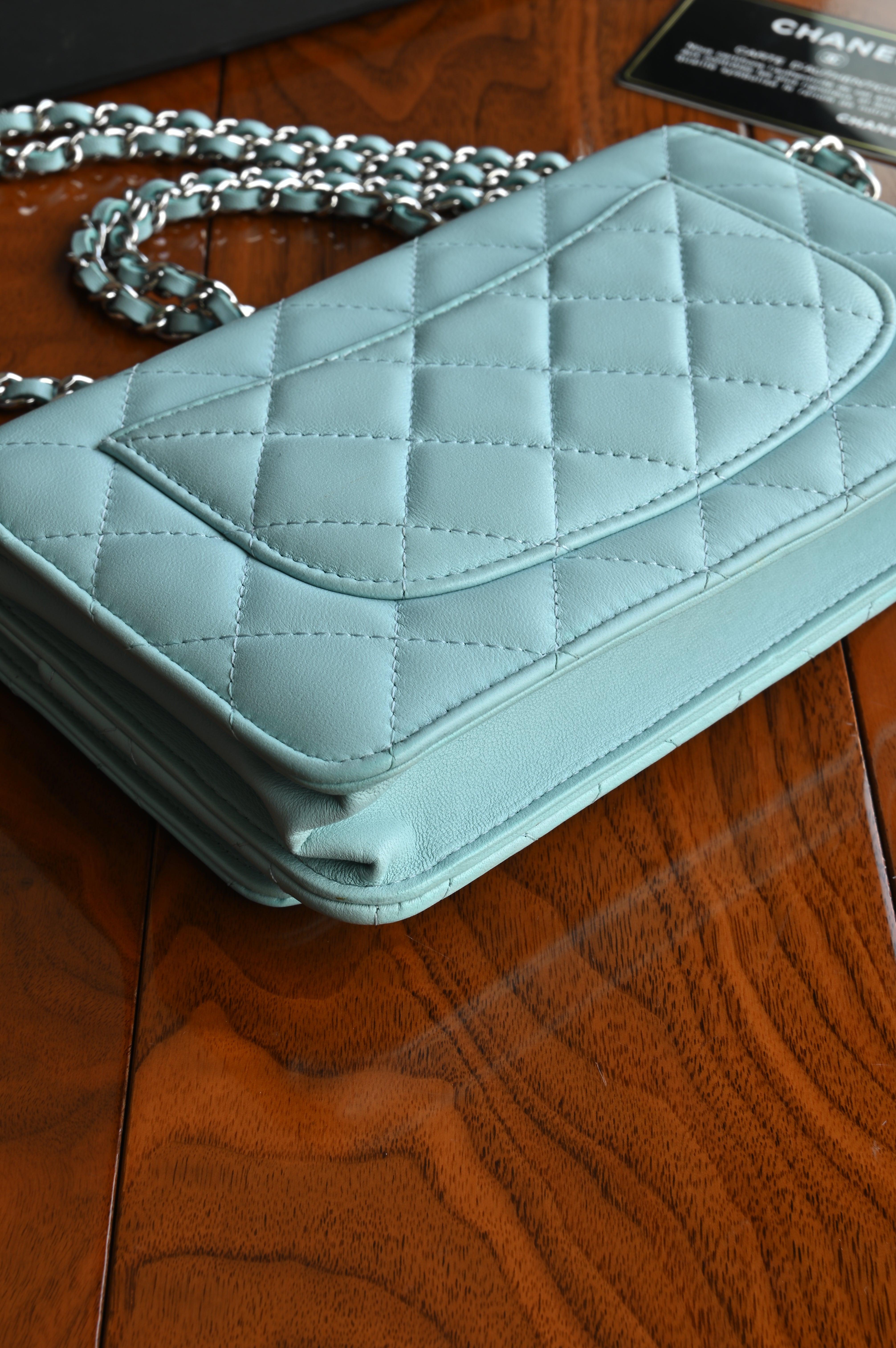 Chanel Light Blue Quilted Wallet On Chain angle