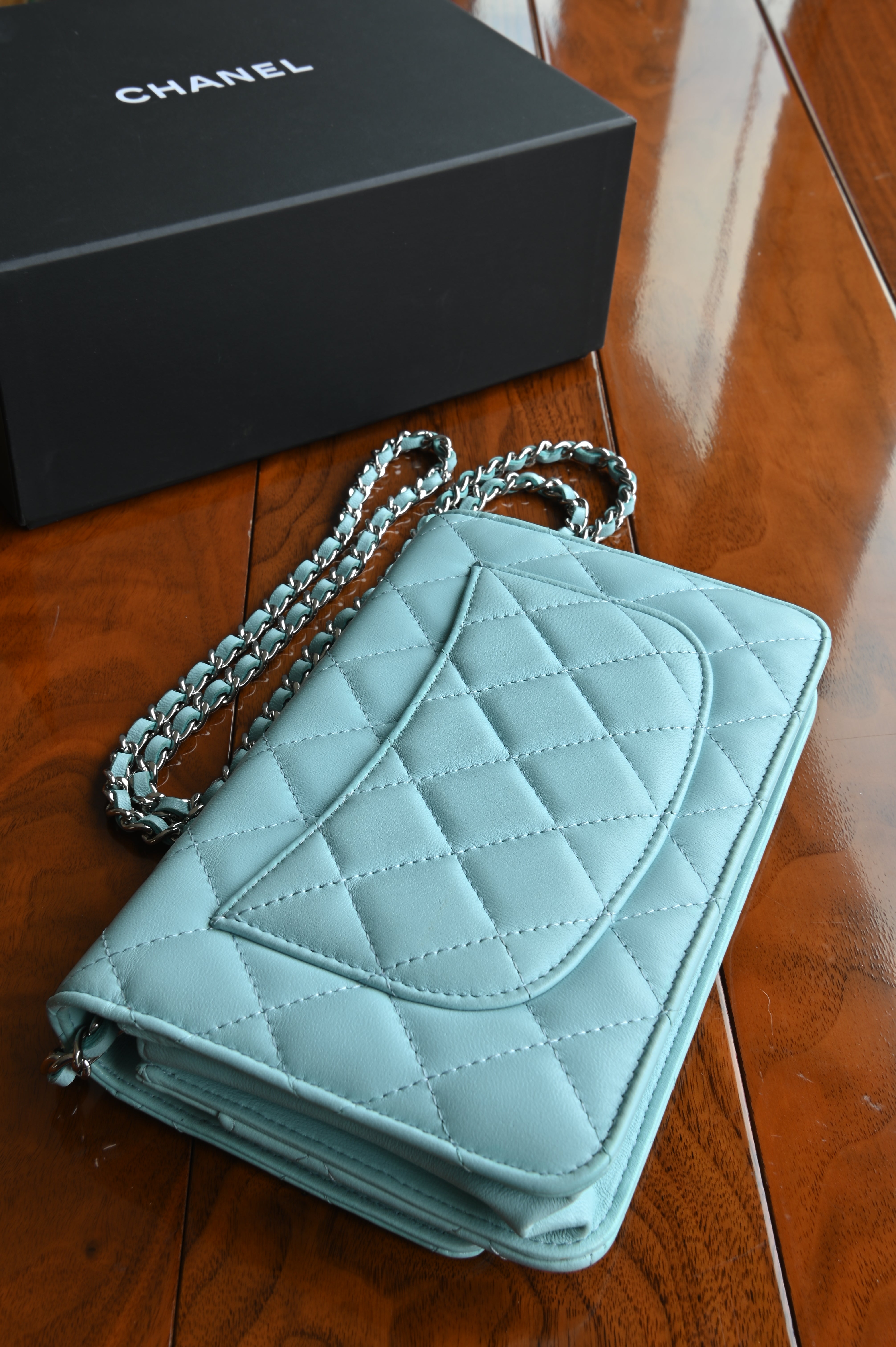 Chanel Light Blue Quilted Wallet On Chain back