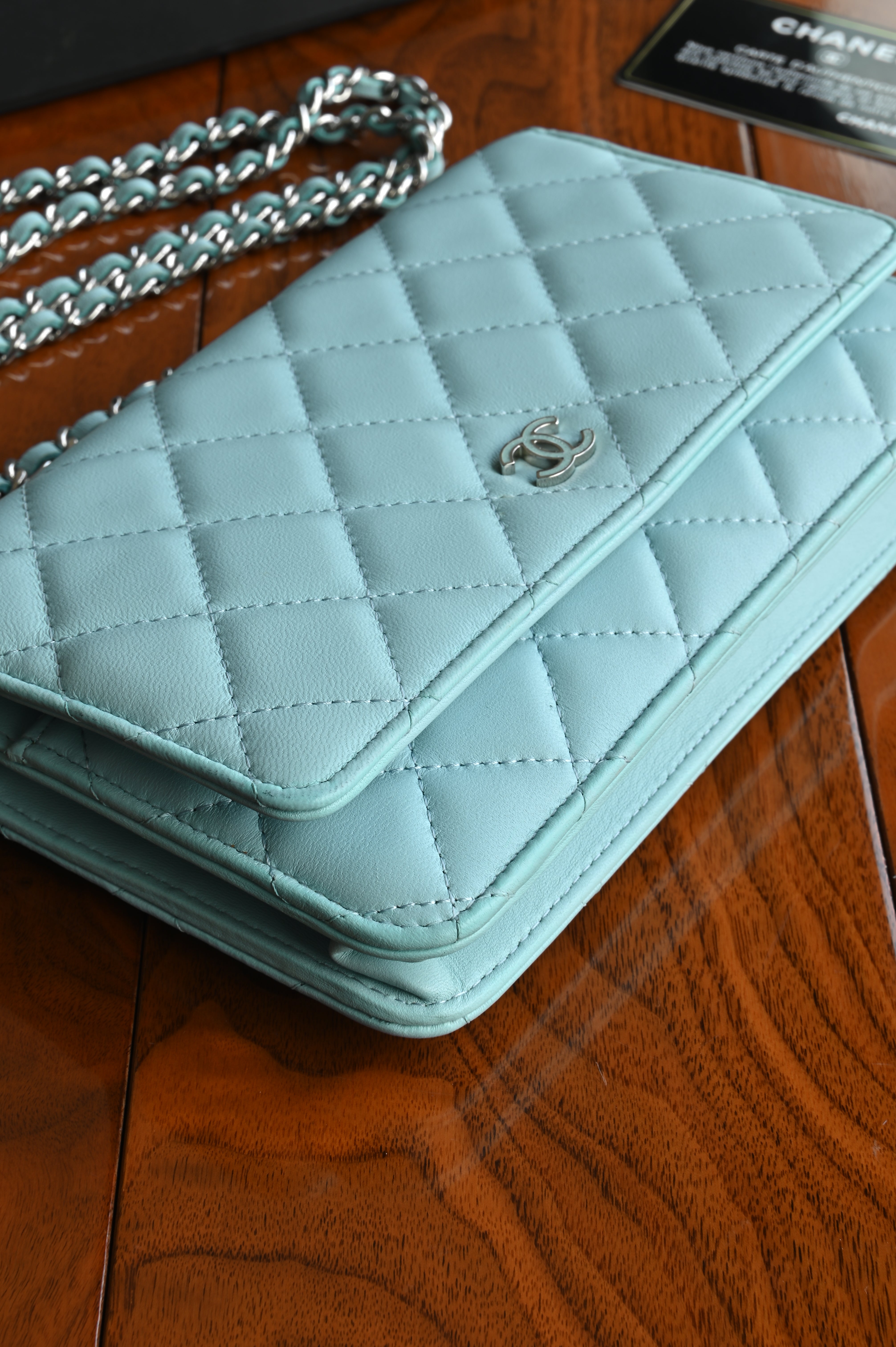 Chanel Light Blue Quilted Wallet On Chain corner