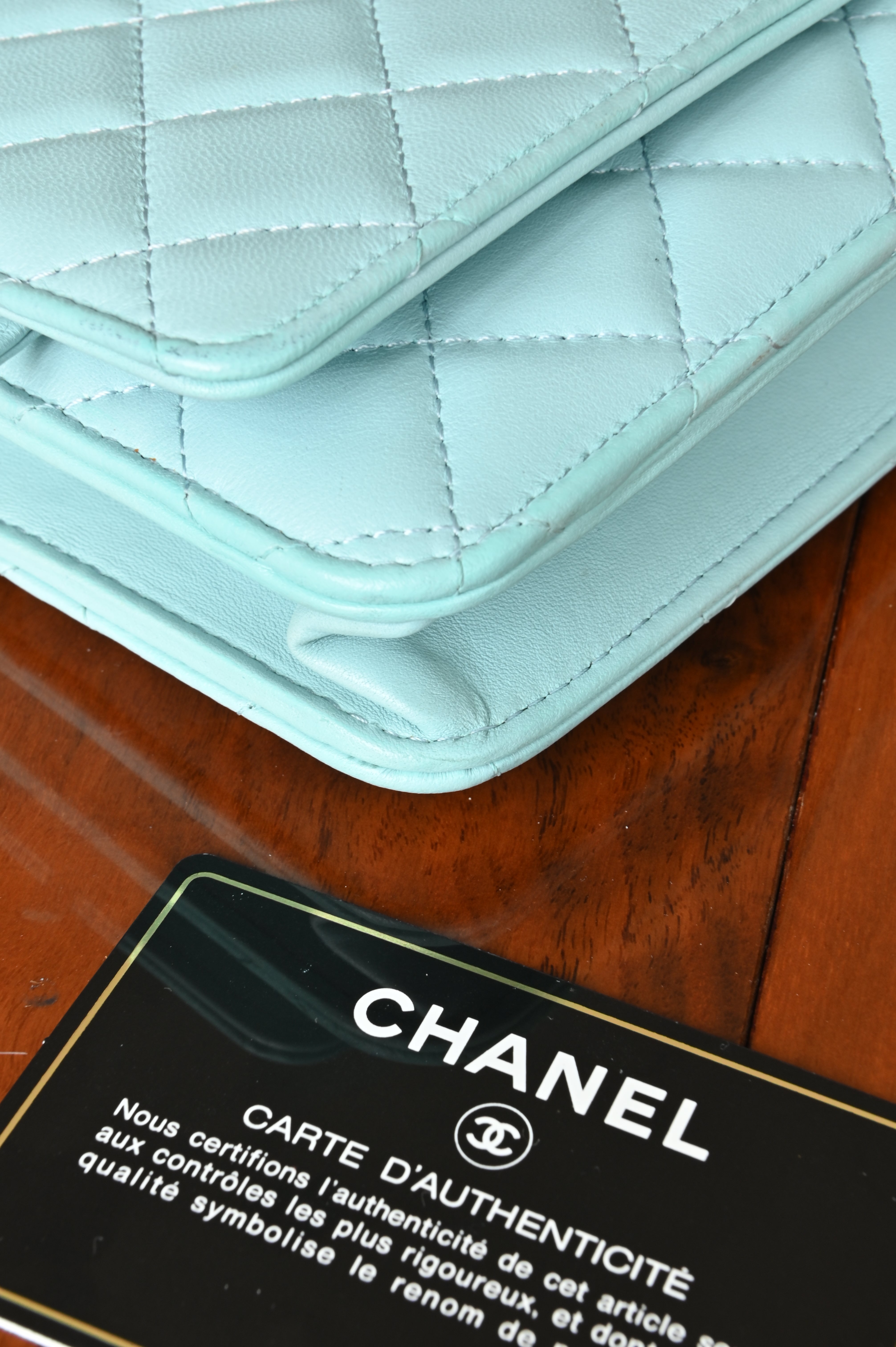 Chanel Light Blue Quilted Wallet On Chain edge