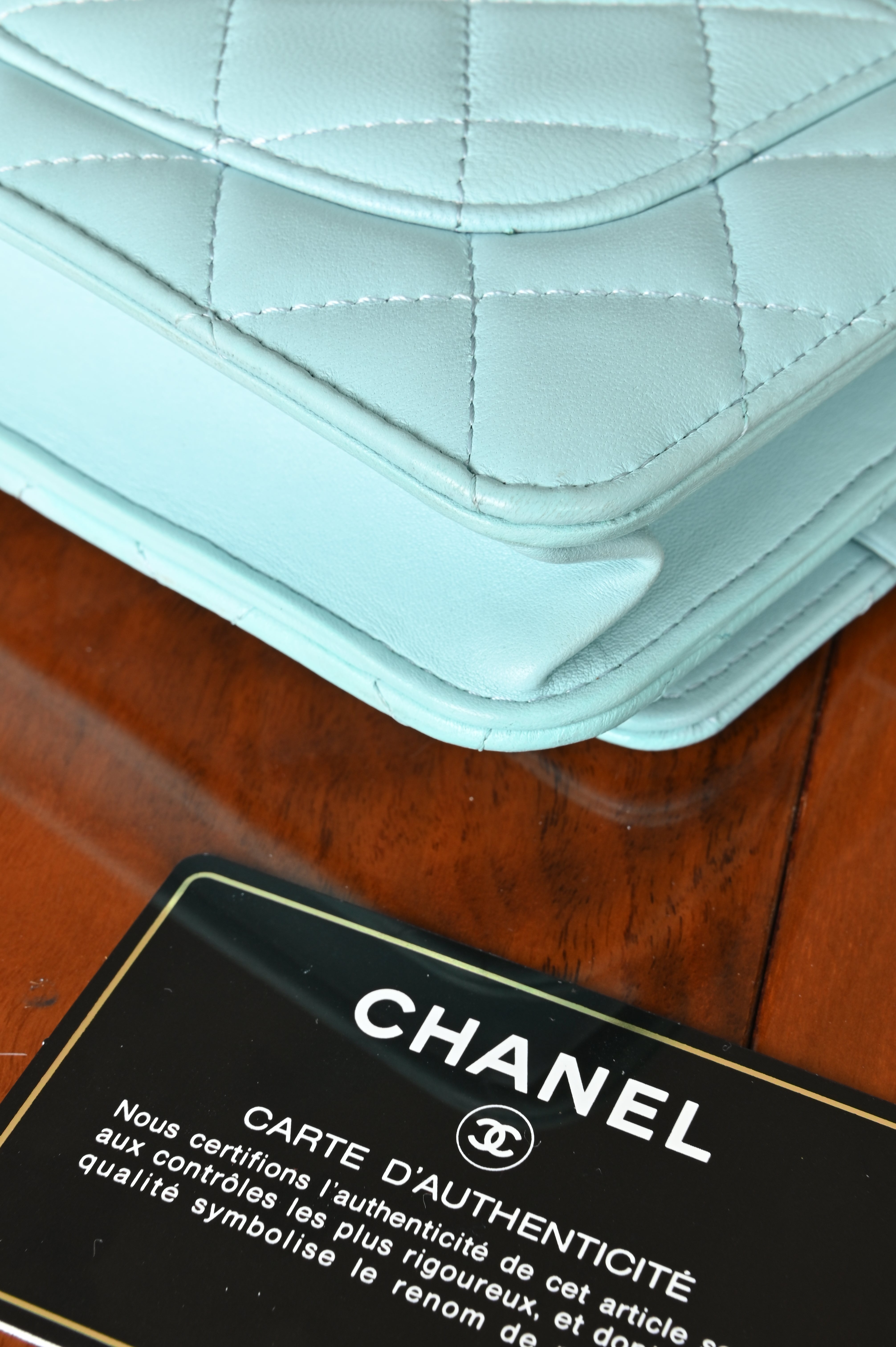 Chanel Light Blue Quilted Wallet On Chain edge four
