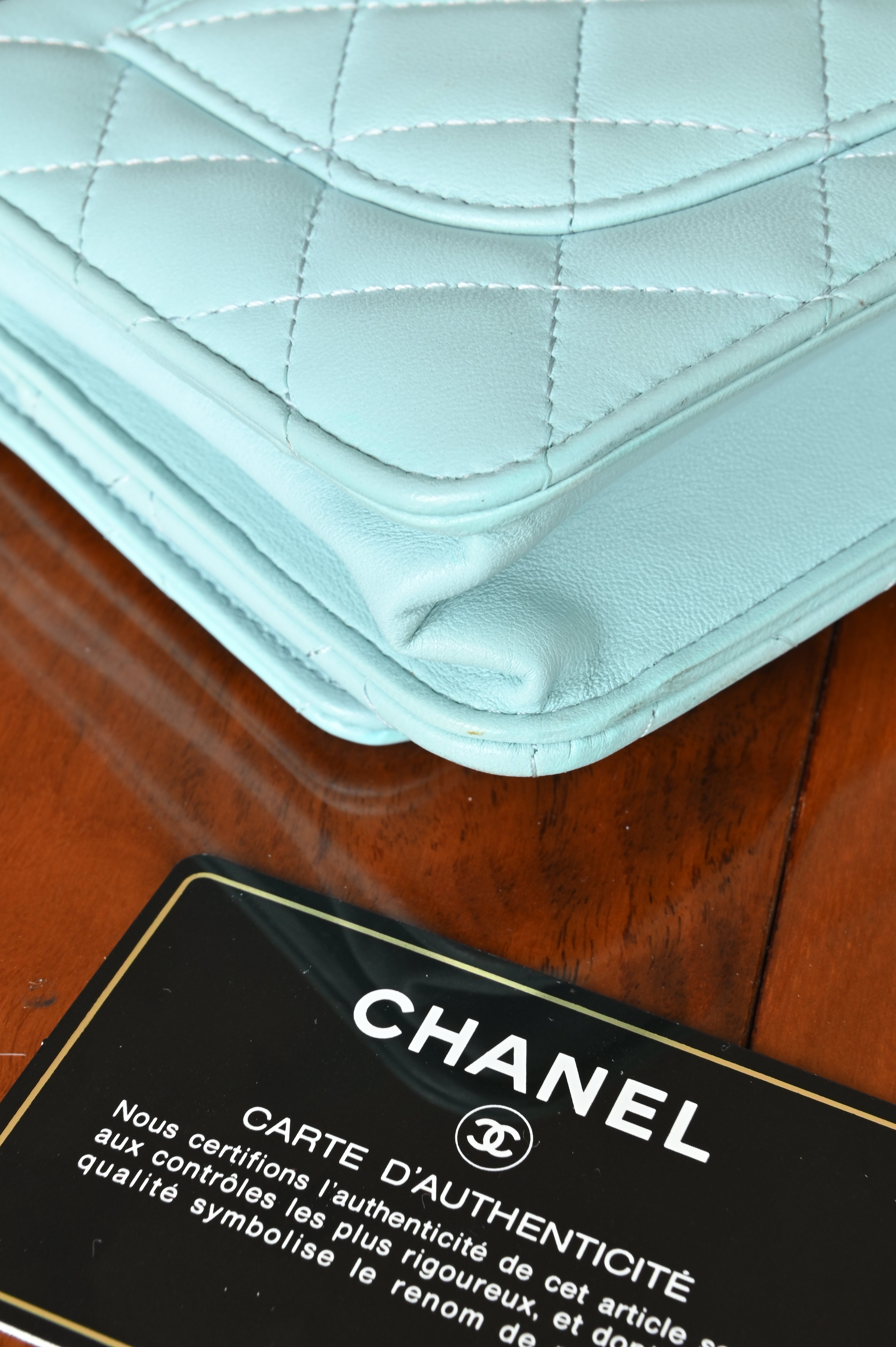 Chanel Light Blue Quilted Wallet On Chain edge three