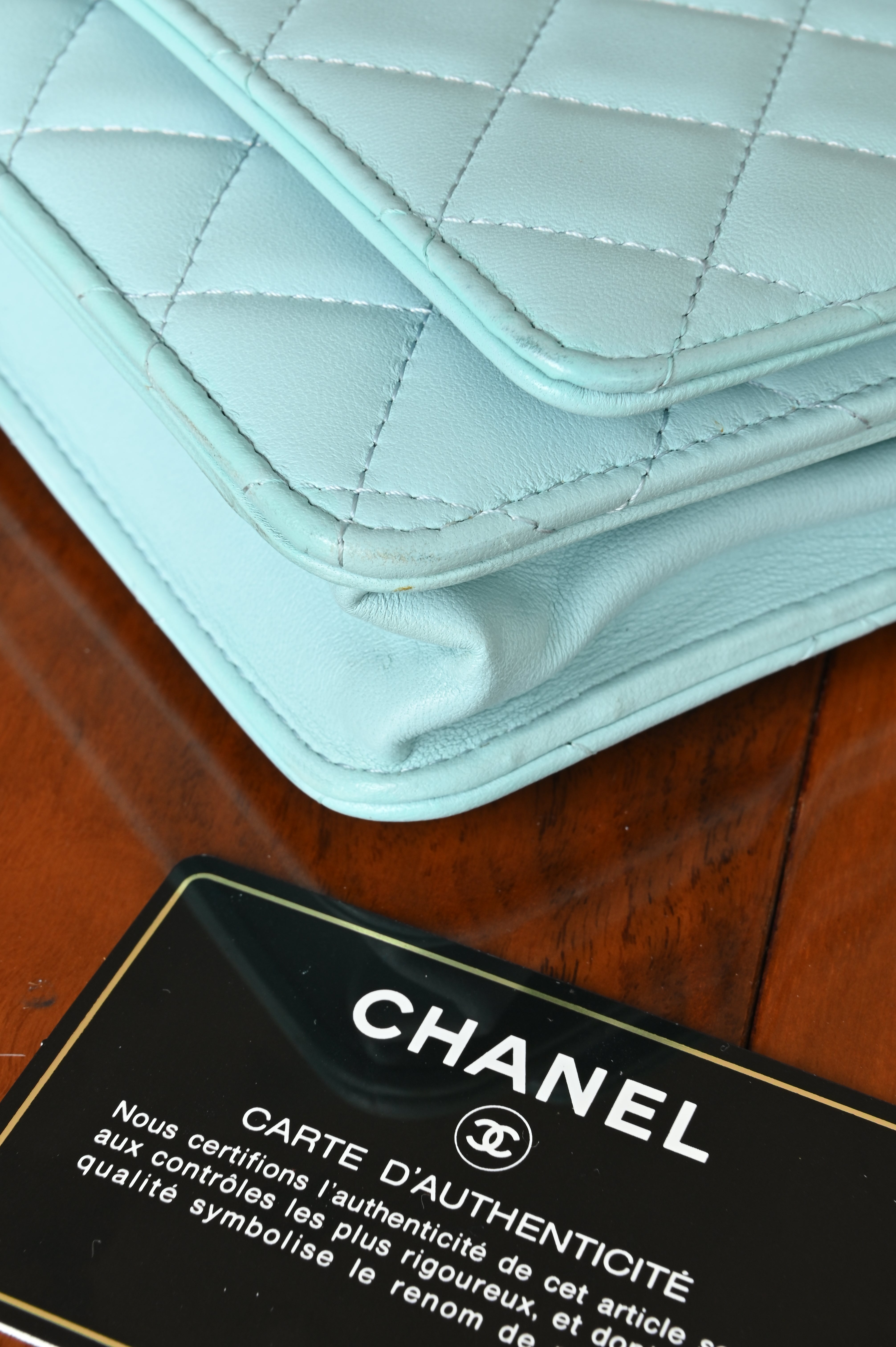 Chanel Light Blue Quilted Wallet On Chain edge two