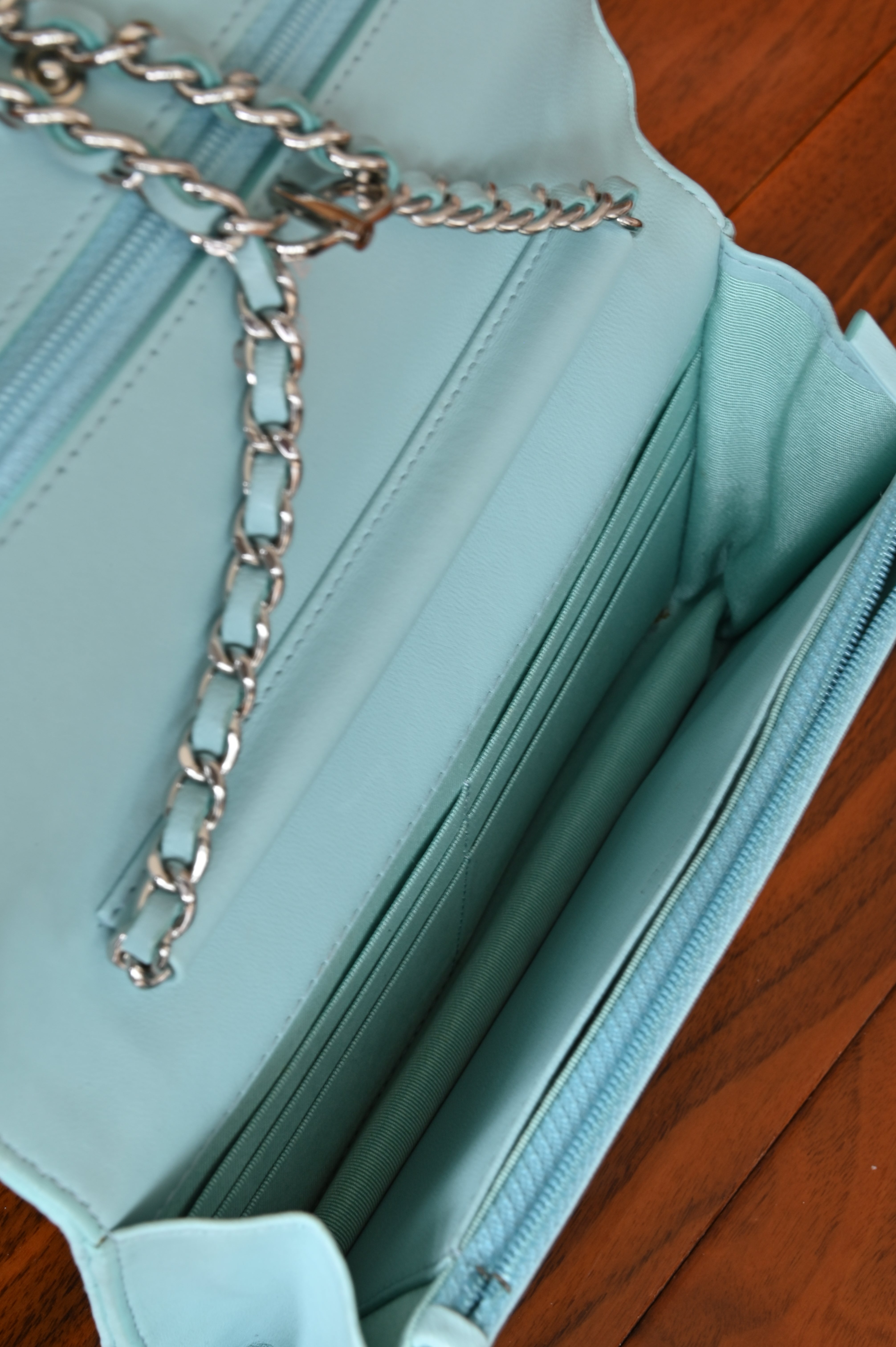Chanel Light Blue Quilted Wallet On Chain inner