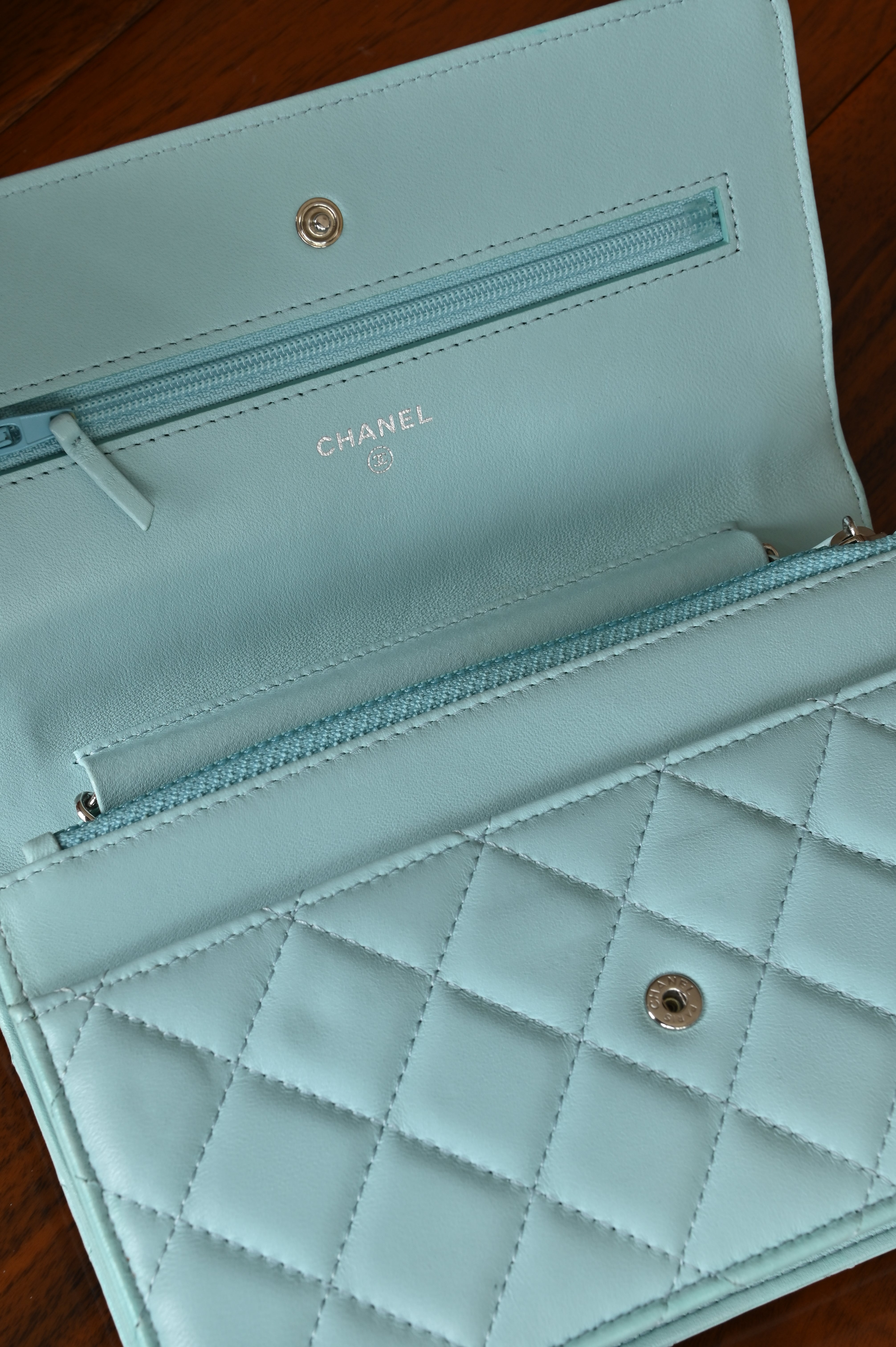 Chanel Light Blue Quilted Wallet On Chain open flap