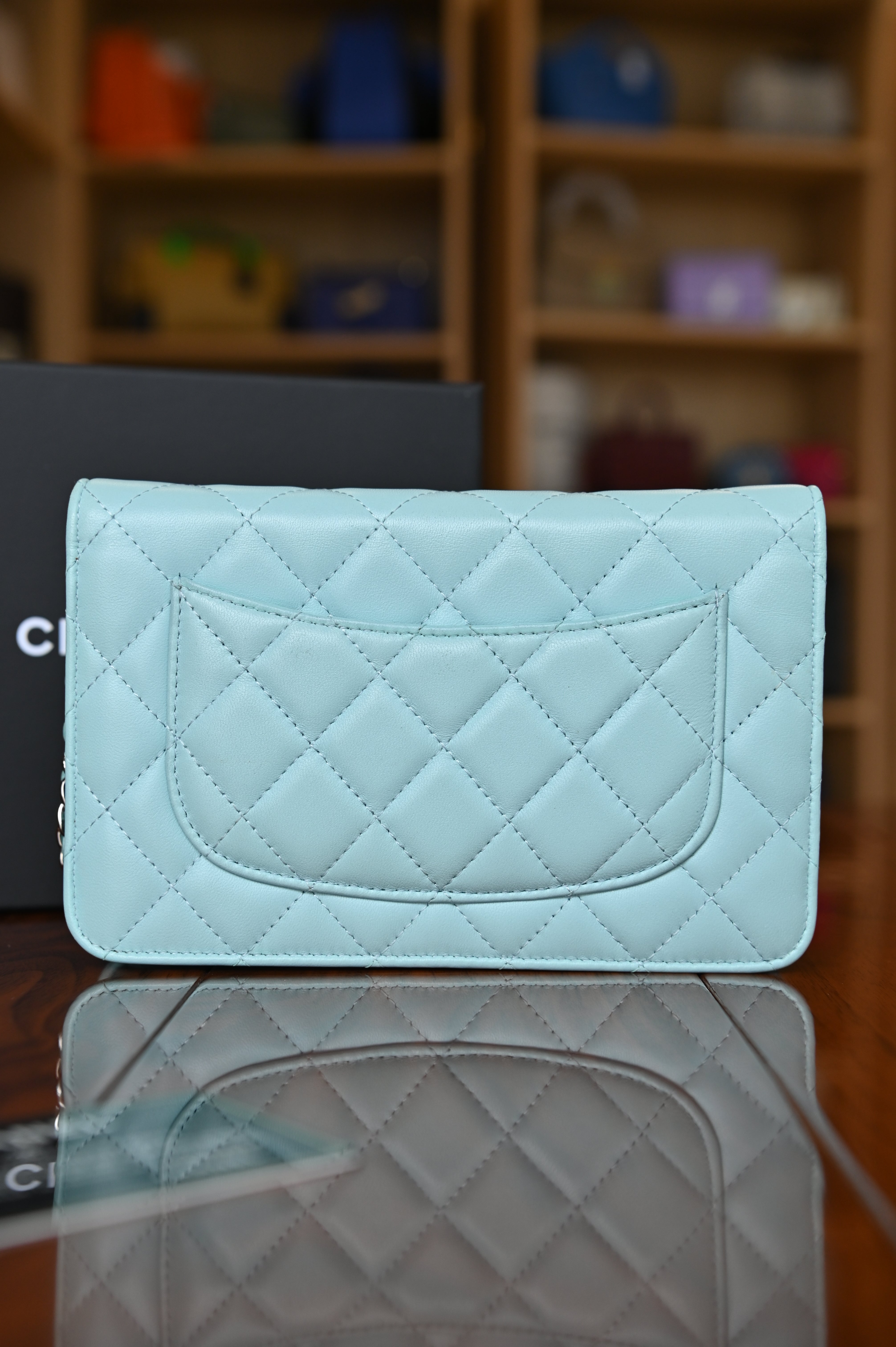 Chanel Light Blue Quilted Wallet On Chain rear