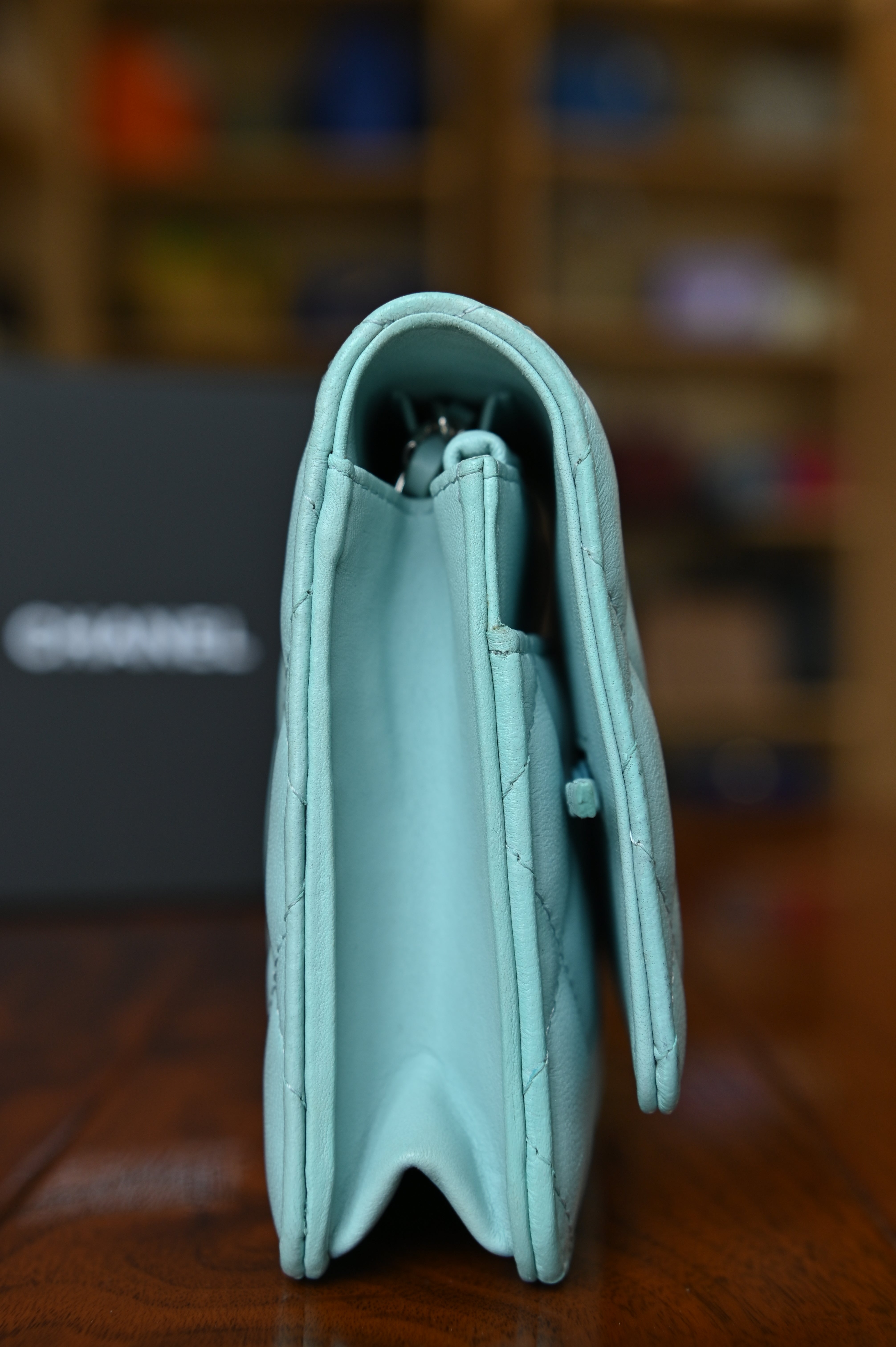 Chanel Light Blue Quilted Wallet On Chain side