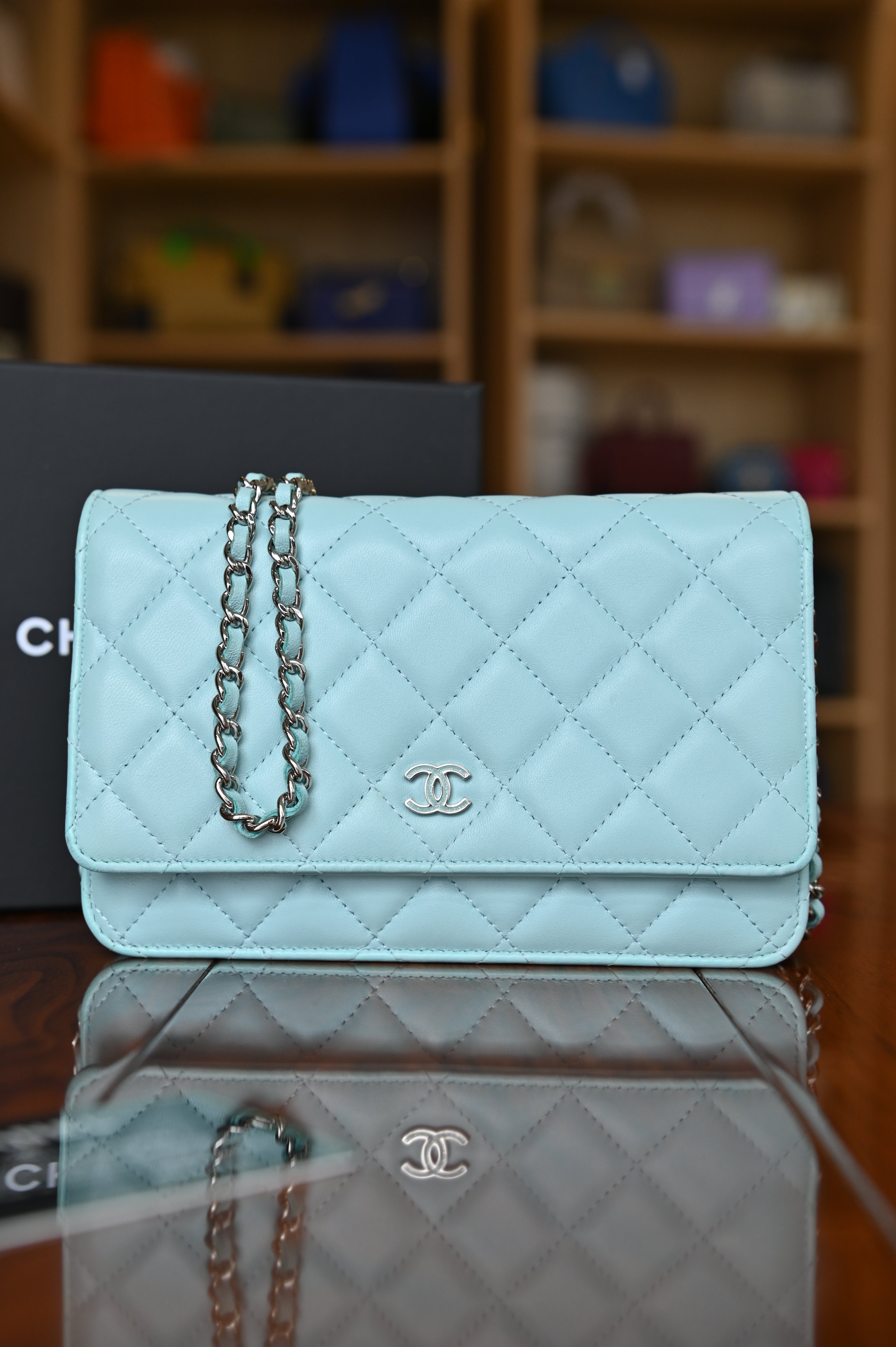 Chanel Light Blue Quilted Wallet On Chain sling