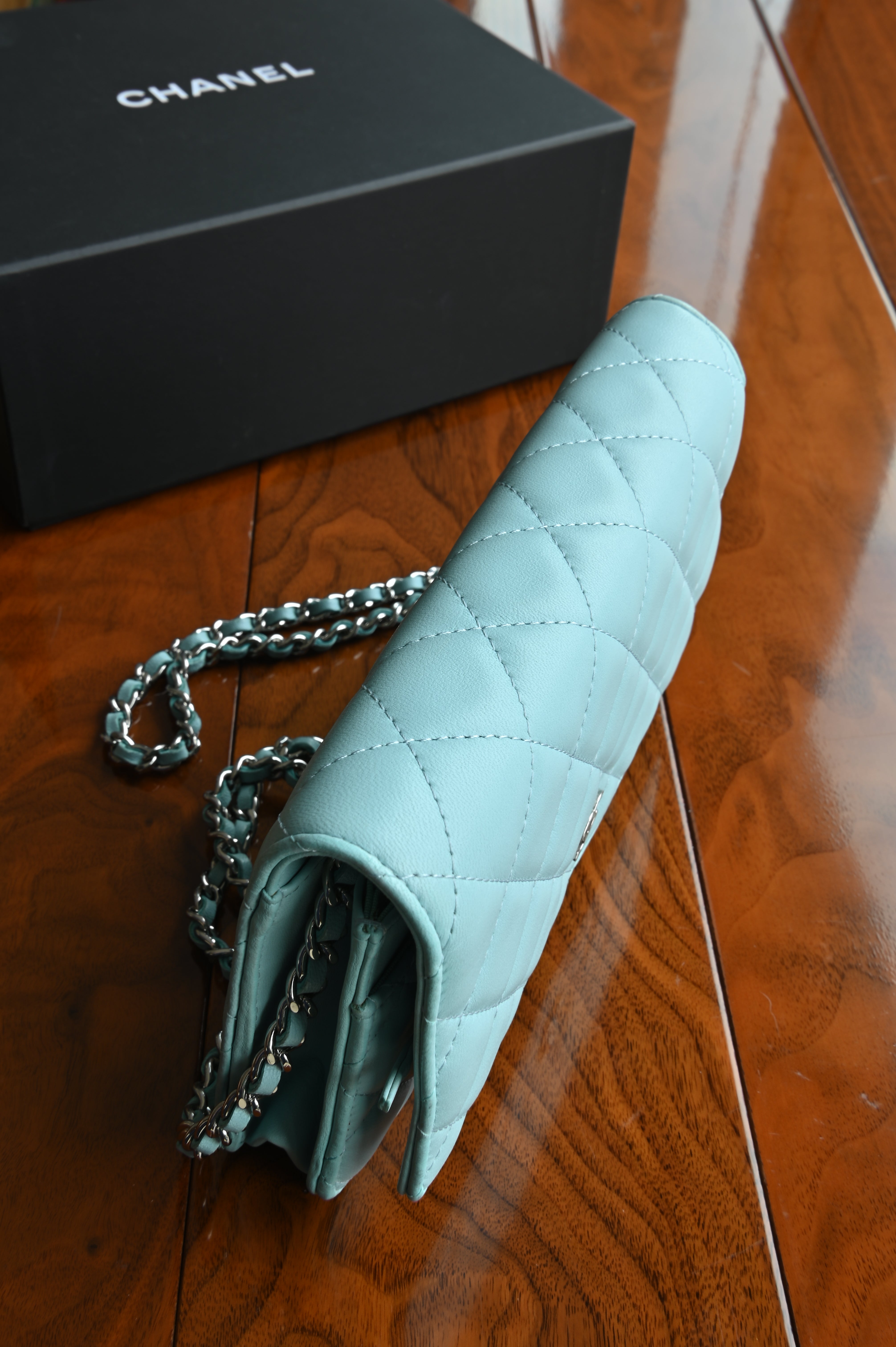 Chanel Light Blue Quilted Wallet On Chain top