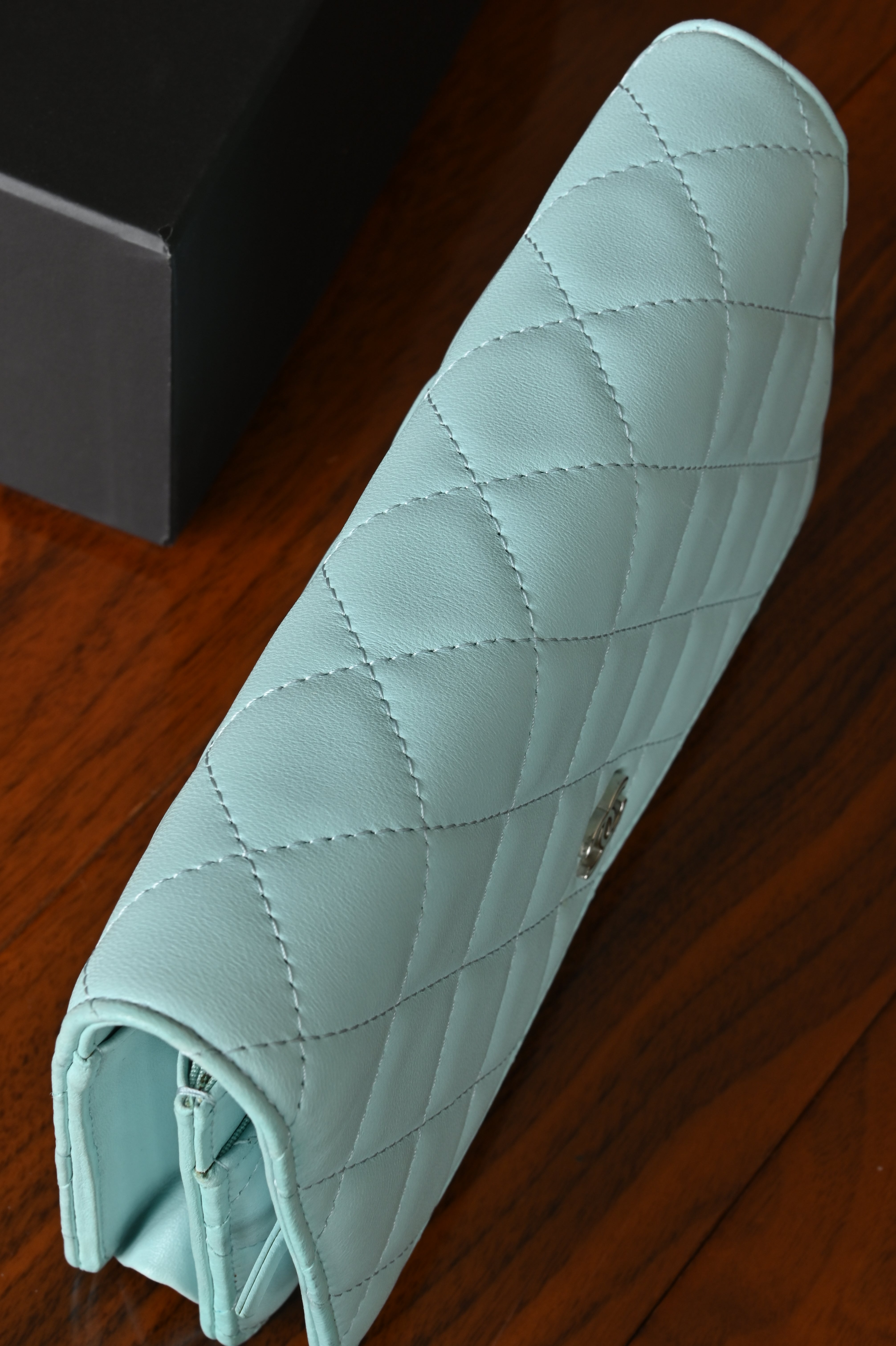 Chanel Light Blue Quilted Wallet On Chain top view