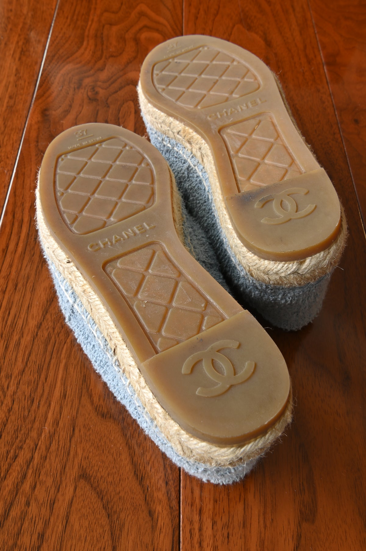 Chanel Light Blue Wool Tweed Espadrilles Loafers bottom