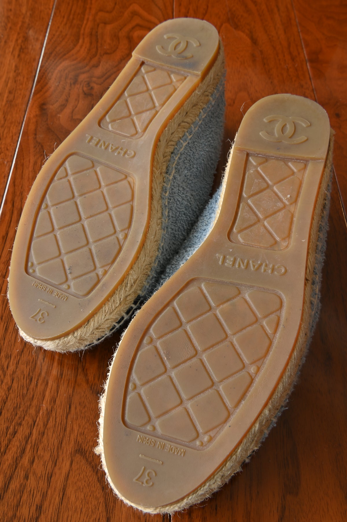 Chanel Light Blue Wool Tweed Espadrilles Loafers bottom two