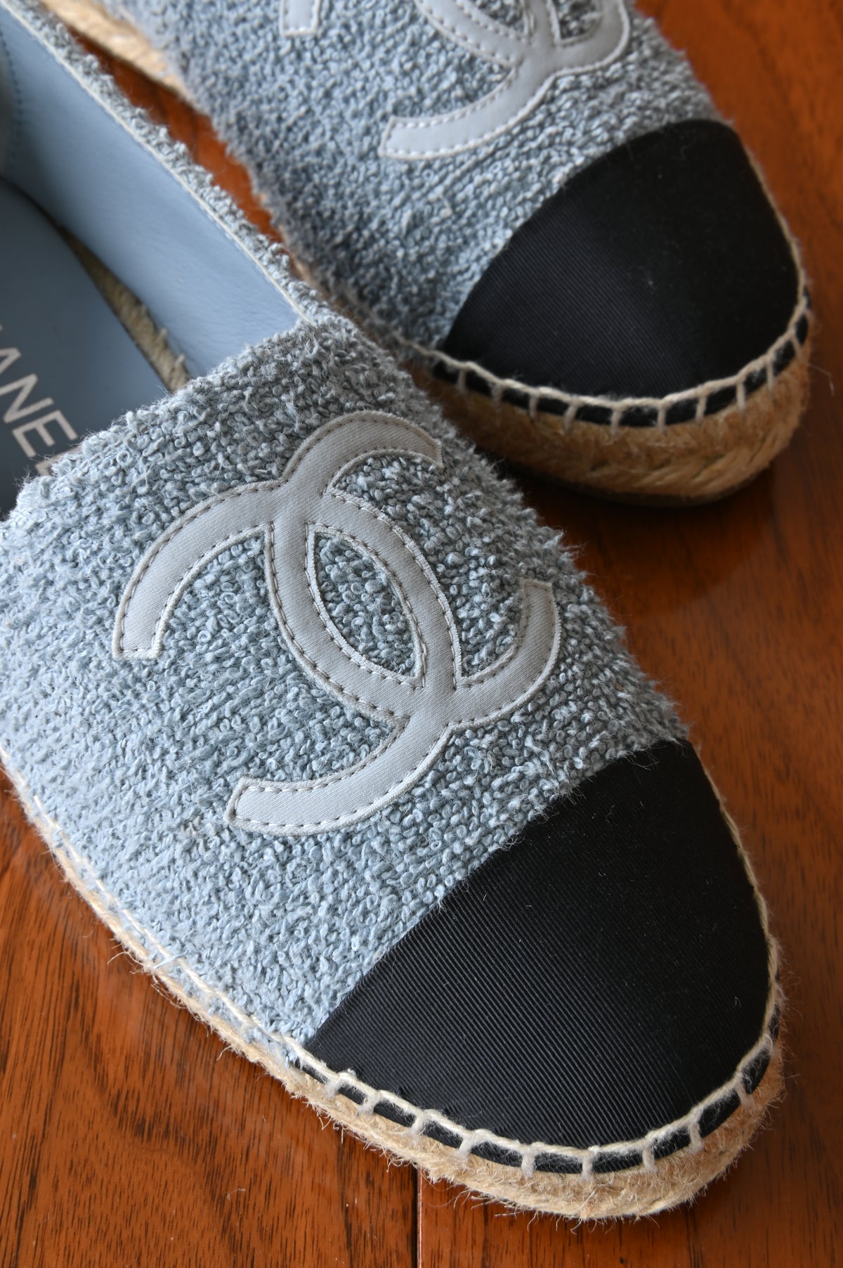 Chanel Light Blue Wool Tweed Espadrilles Loafers front